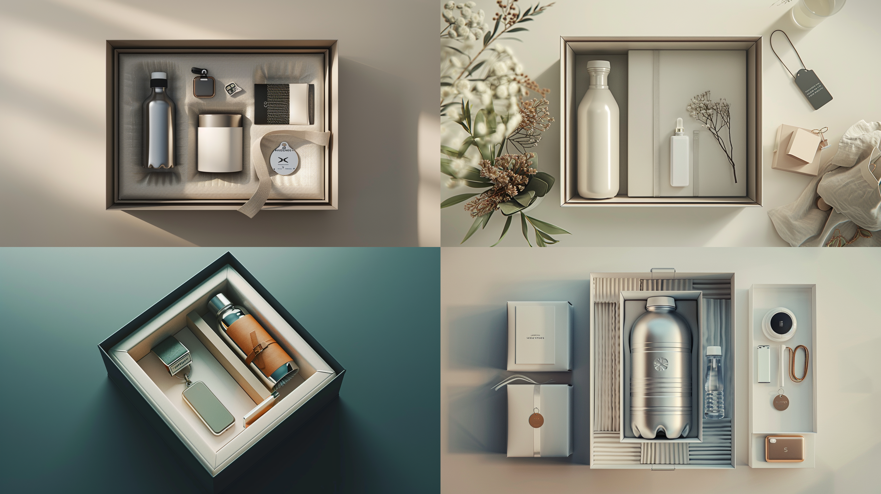 正方形高端伴手礼盒，白色内衬，俯视图，盒里有水杯，充电宝，徽章，场景拍摄，清晰细节，层次感，平面设计，暖色调，c4d渲染，8k画质，