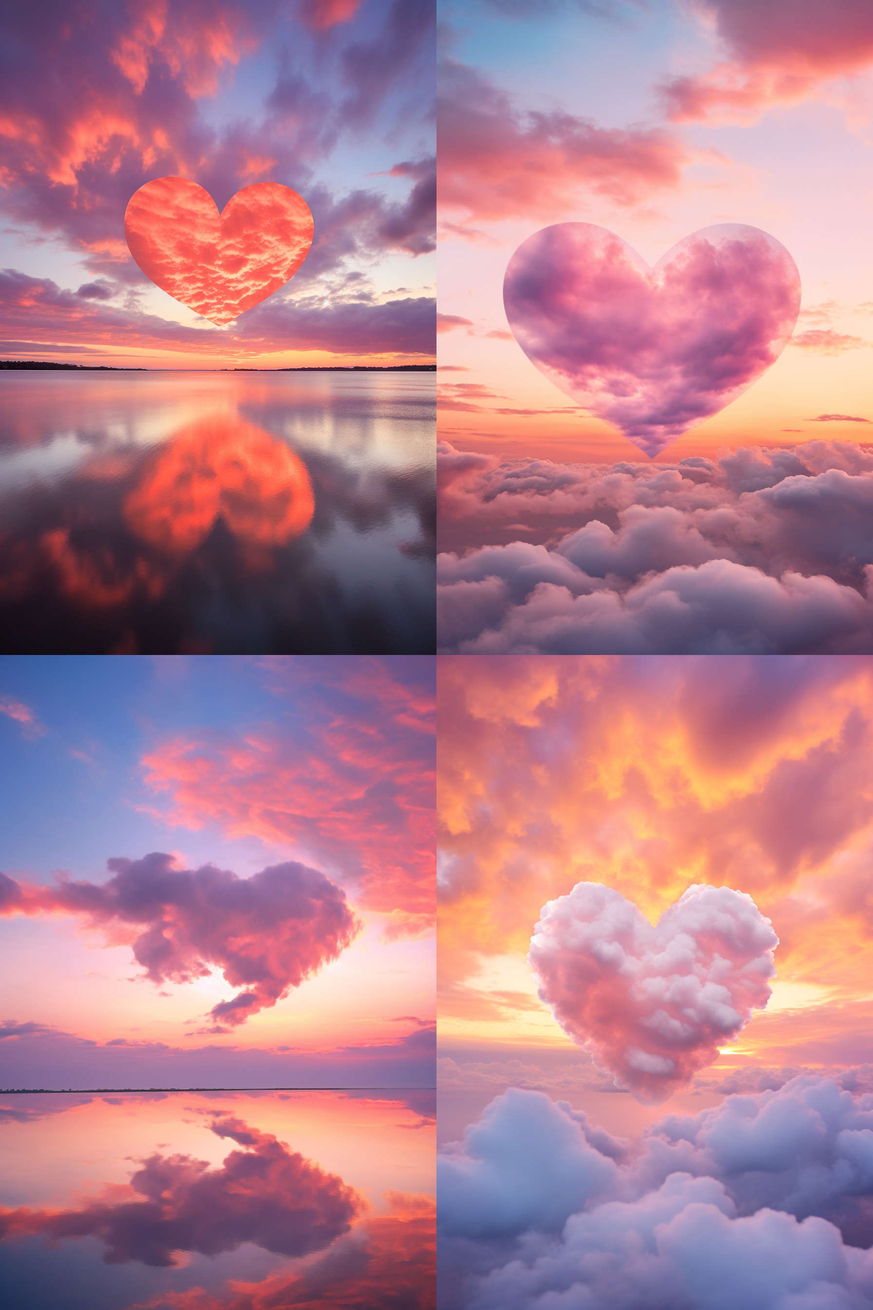 心型云朵，日落余晖，天空中，柔和色调，长焦镜头，自然光，静态，浪漫，温暖。