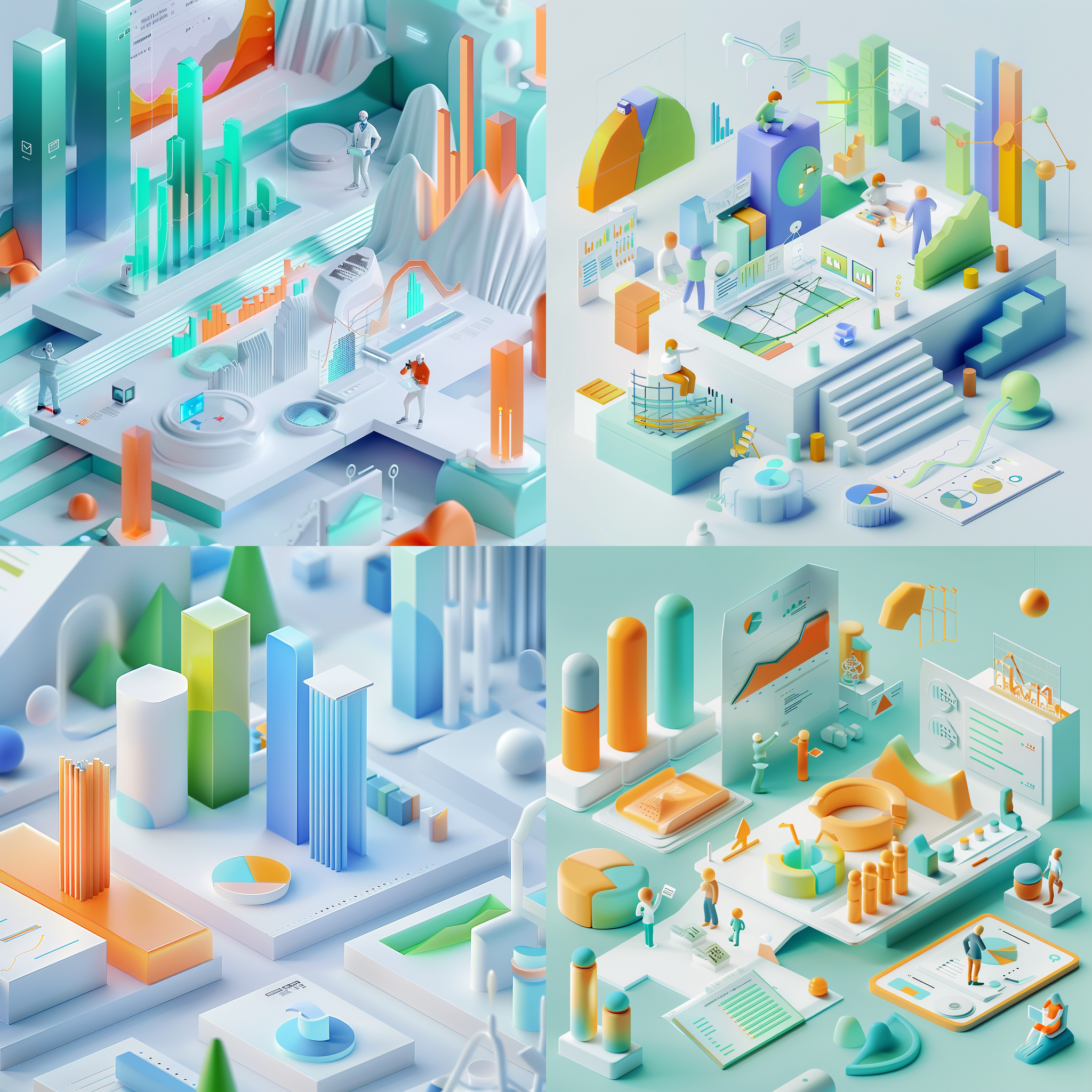 isometric characters, c4d illustration, data and charts, column chart, line chart, pie chart, marketing, user analytics, computer, white and light blue gradient, gradients of blue and green, green and orange gradients, background to the white paper, acrylic texture, glass texture, ui design, v-ray tracing, sharp focus, blender, oc renderer, isometric view