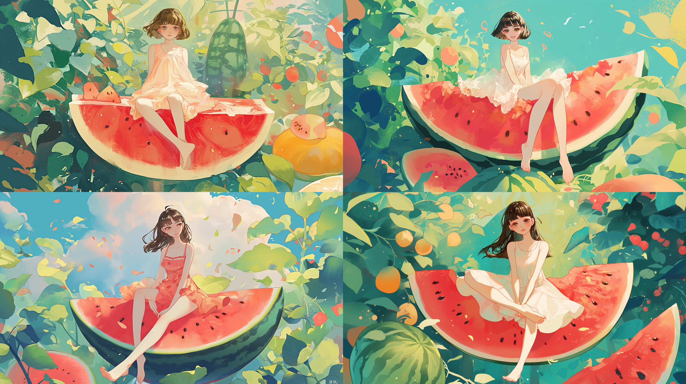 https://cdn.midjourny.cn/attachments/1234124137287516285/1234396746361213038/systemfartvr__kawaii_girl_sitting_on_a_watermelon_in_the_style__772bea97-27e4-424e-8f1d-f2fbab941c49.png?image_process=resize,s_330，kawaii girl sitting on a watermelon, in the style of nature painter, ai yazawa, xiaofei yue, storybook illustrations, joaquín sorolla, detailed botanical illustrations, lively tableaus