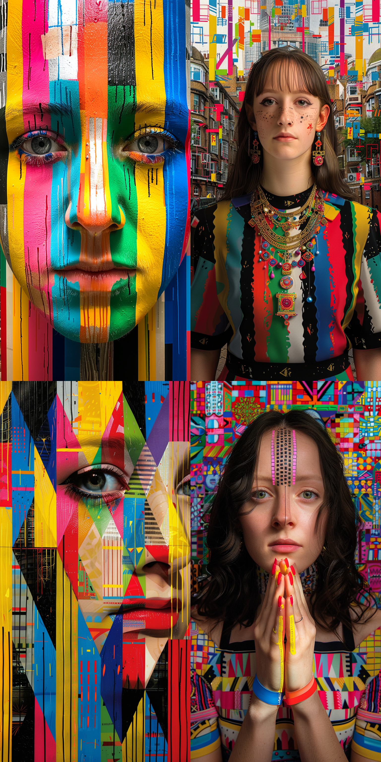 色粉丰富，块状分明，抽象油画，光影交错，抽象人像，肖像镜头，鲜艳色彩，妩媚，神秘，情感。