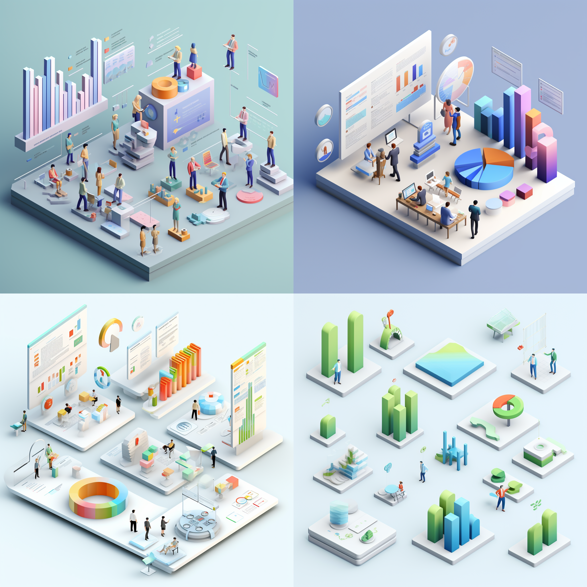 等距人物，c4d插图，数据和图表，柱状图，折线图，饼状图，市场营销，用户分析，计算机，白色和浅蓝色渐变，蓝绿渐变，绿橙渐变，白纸背景，丙烯纹理，玻璃纹理，ui设计，v射线追踪，锐利对焦，混合器，oc渲染器，等距视图。