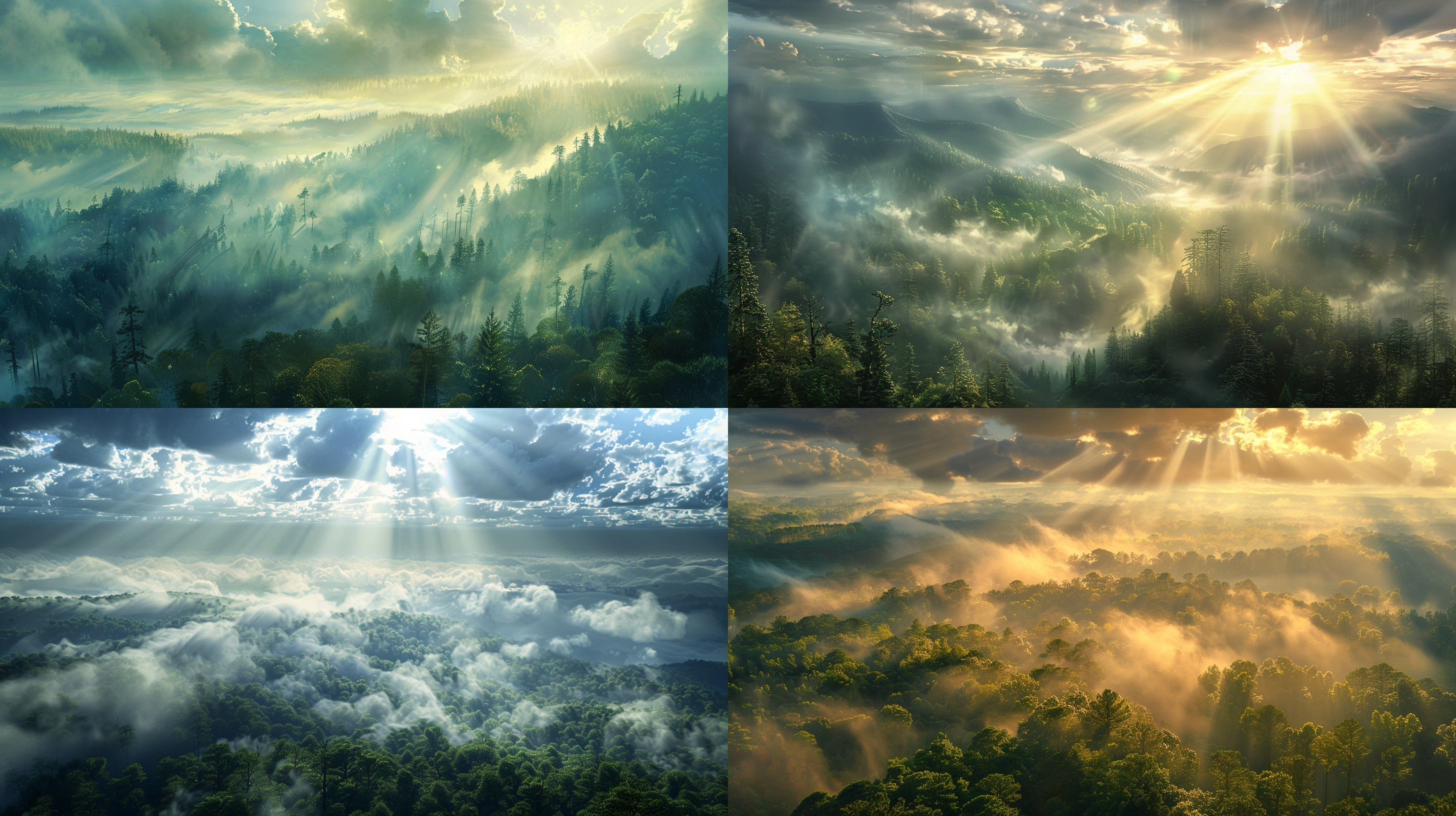 在云端，穿透云层，俯瞰大地，丁达尔光线，森林覆盖