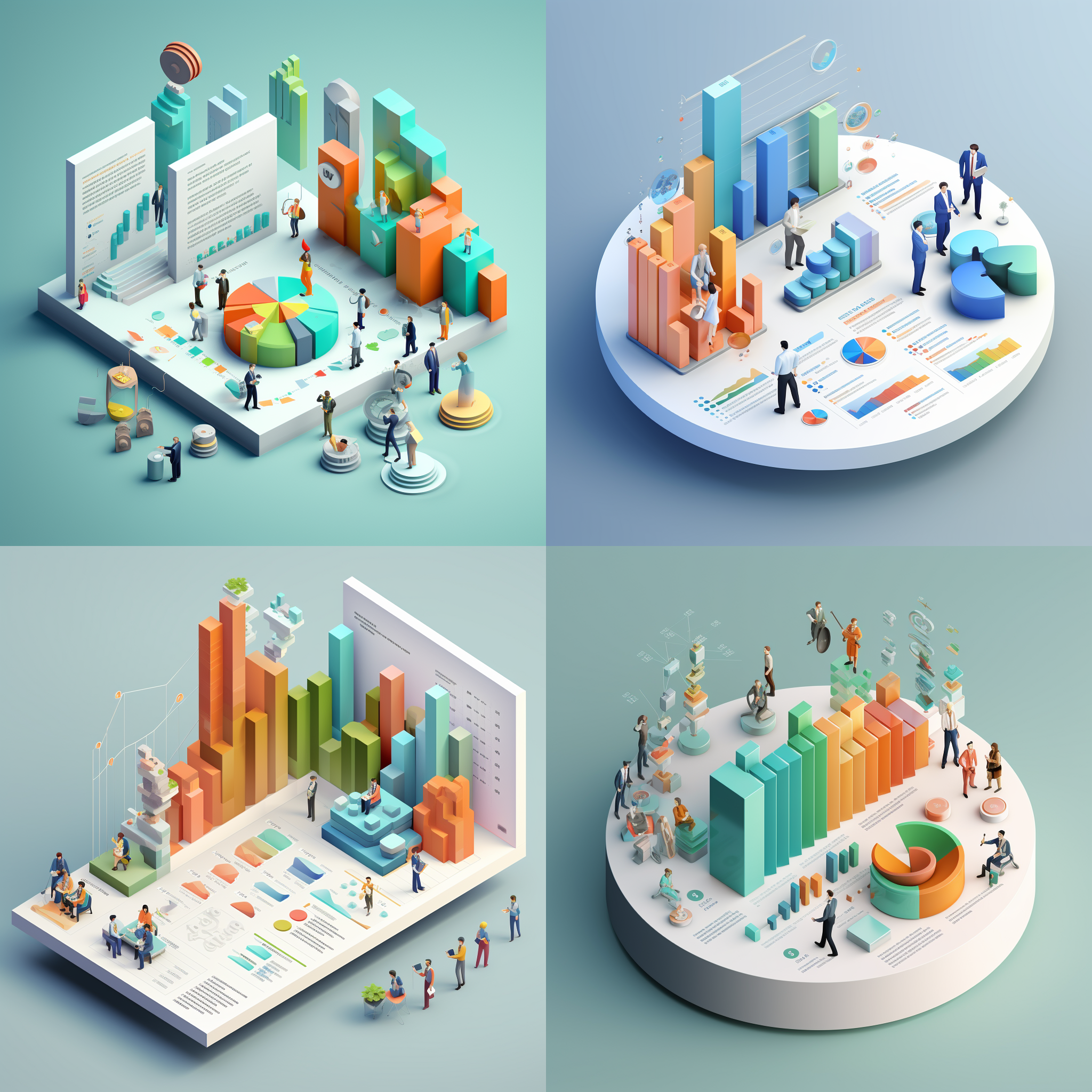 isometric characters, c4d illustration, data and charts, column chart, line chart, pie chart, marketing, user analytics, computer, white and light blue gradient, gradients of blue and green, green and orange gradients, background to the white paper, acrylic texture, glass texture, ui design, v-ray tracing, sharp focus, blender, oc renderer, isometric view