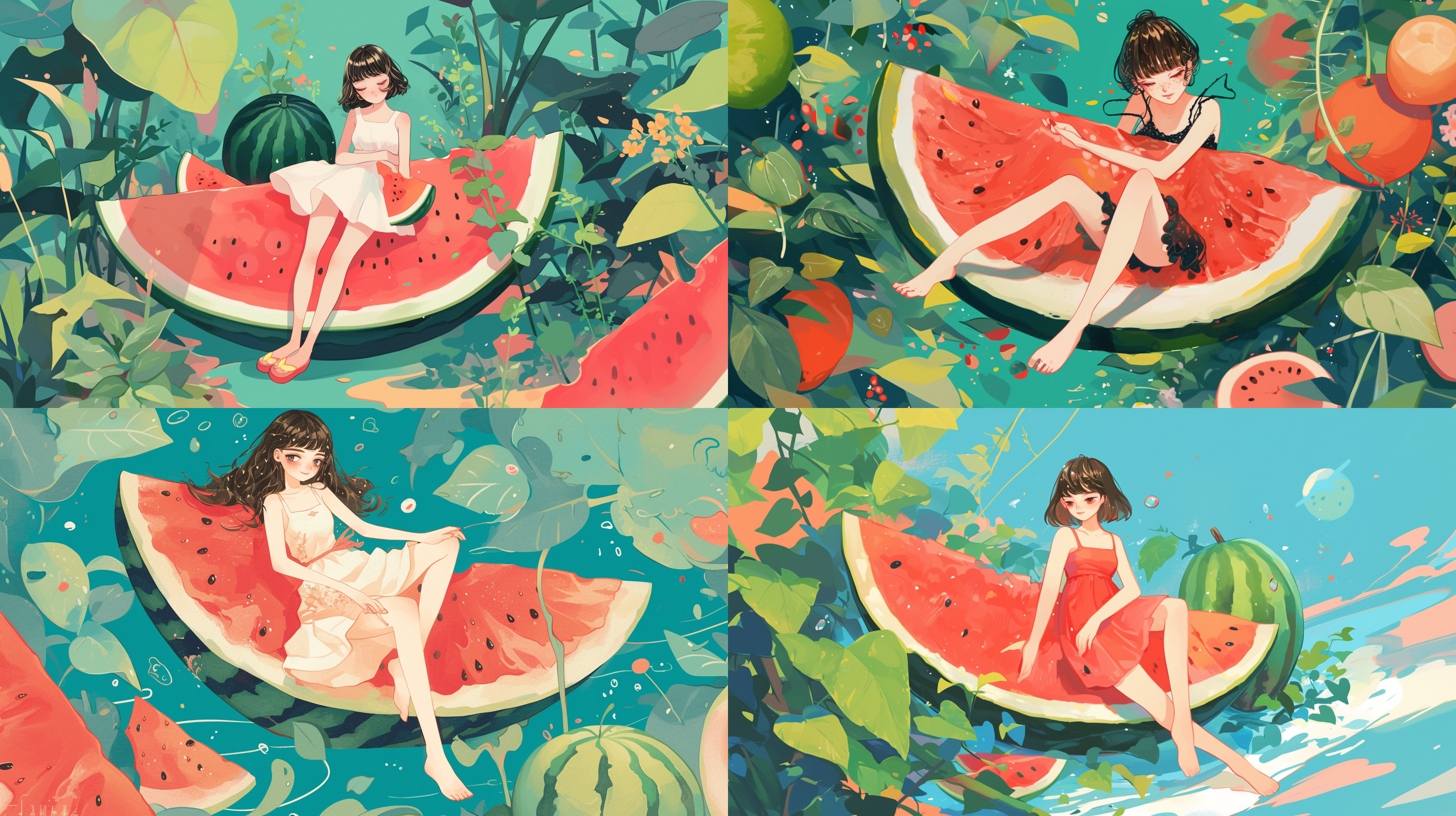 kawaii girl sitting on a watermelon, in the style of nature painter, ai yazawa, xiaofei yue, storybook illustrations, joaquín sorolla, detailed botanical illustrations, lively tableaus