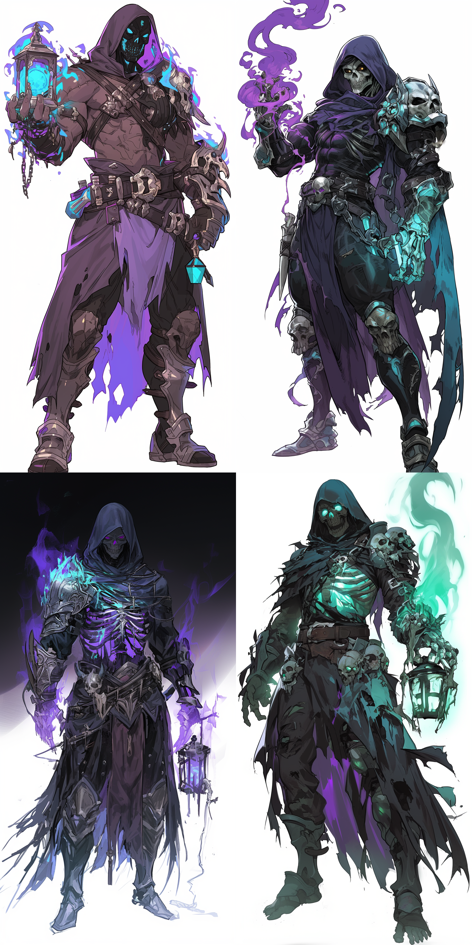 a muscular man with a hood resembling a god of death, with purple and green abnormal pupils, wearing lightweight armor. skeleton decorations on the armor: 3. holding a skeleton lantern emitting blue-green in the left hand: 2. holding a sickle with skeleton decorations in the right hand: 2. confident expression, emitting purple special effects on the body. two dimensional illustrations. clean background reference table,,in clothes