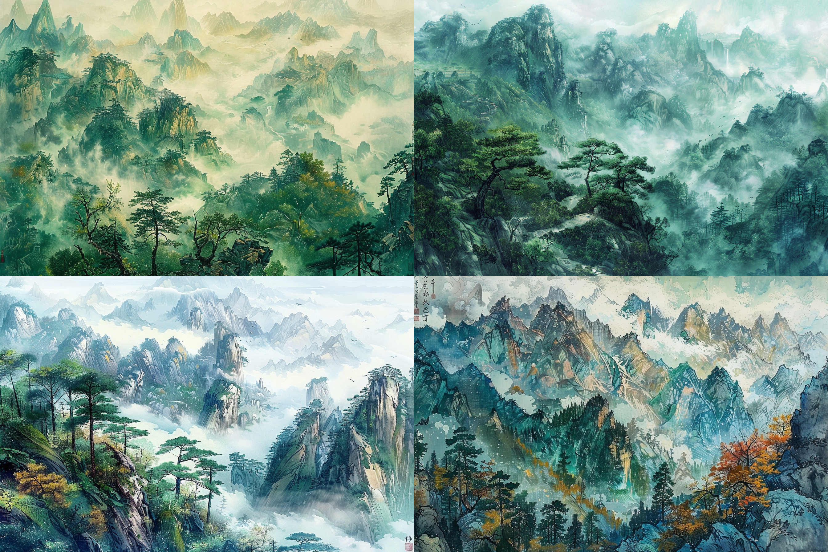 this is a huge green landscape painting, the work is rich and colorful, dazzling, silk, color, brush li tang, the mountains and trees with light wrinkle of ink, the whole work of the overlapping mountains, the distance is white snow cliff, the near is heavy color brilliant mountains, steep cliffs like a knife, the rugged plank road trees into shade to the screen above, covered with snow, reasonable composition, magnificent manner, proper white space, imitation hatred, jiange diagram
