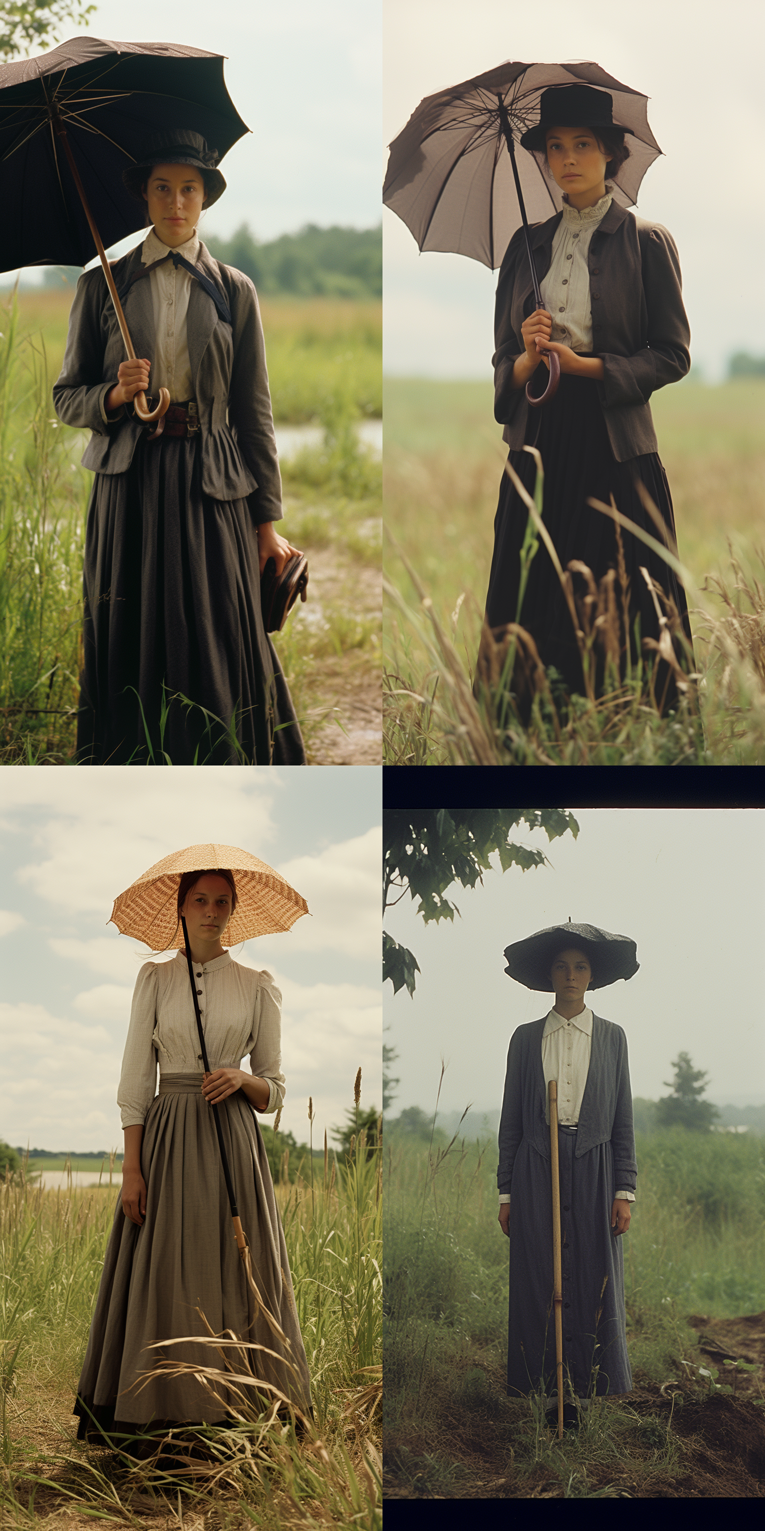 中国古装女孩，打着雨伞，南方水乡，站在门口，背对镜头，穿华丽服饰，中午，树木，草地，8k分辨率，电影 16 毫米胶卷，长焦镜头，显得人物很小，真实细致，暖色调，深景，唯美，优雅。