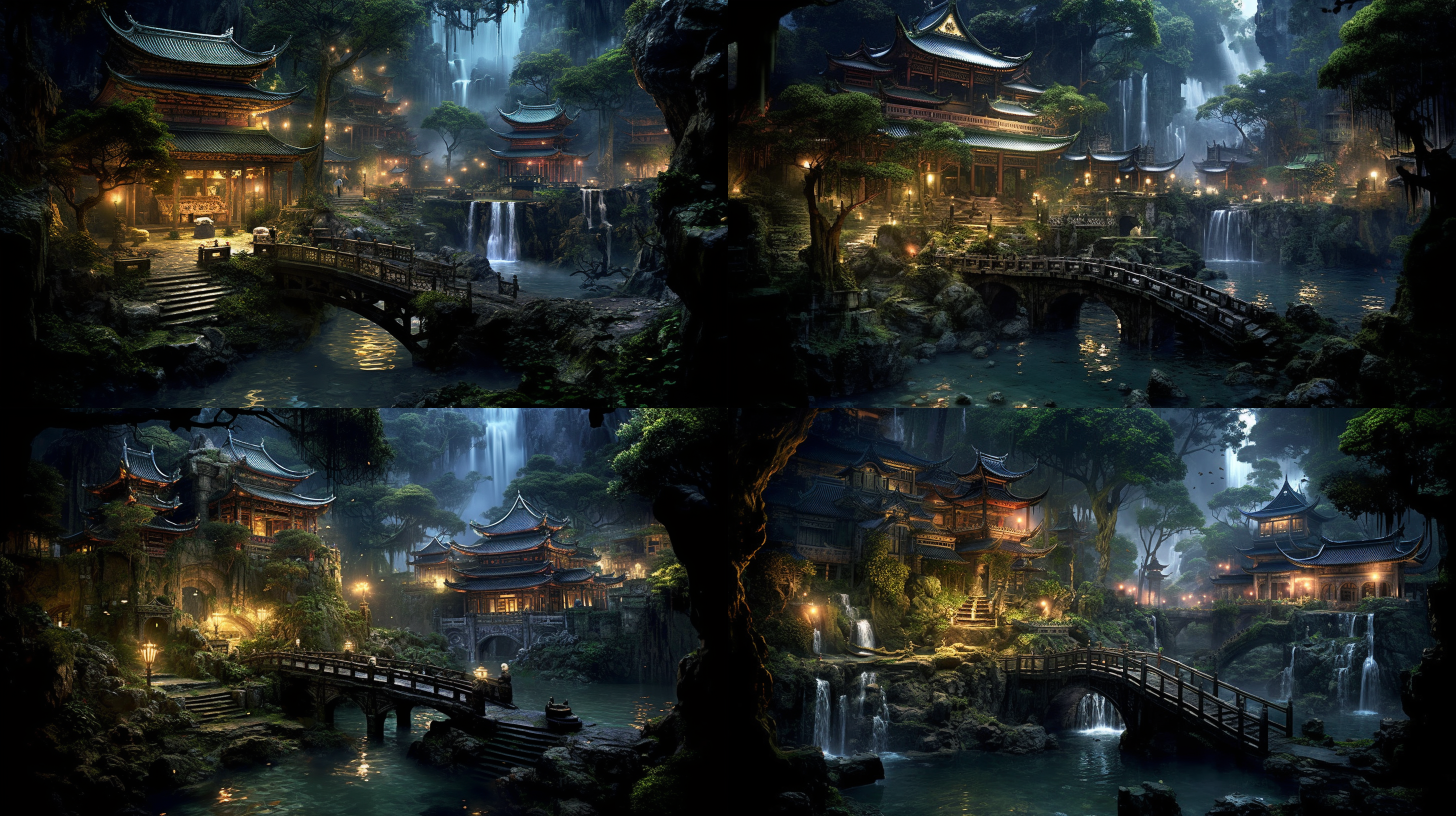 一座玻璃东方建筑，有亭台楼阁，中式飞檐，建筑内部闪闪发光，位于绿色茂密的森林中,。在超现实的古代中国cg渲染中,江南古建筑小镇旁有瑶琳仙境。 夜晚,星星璀璨,烟雾迷人,枫叶的叶树,雪景,高清，