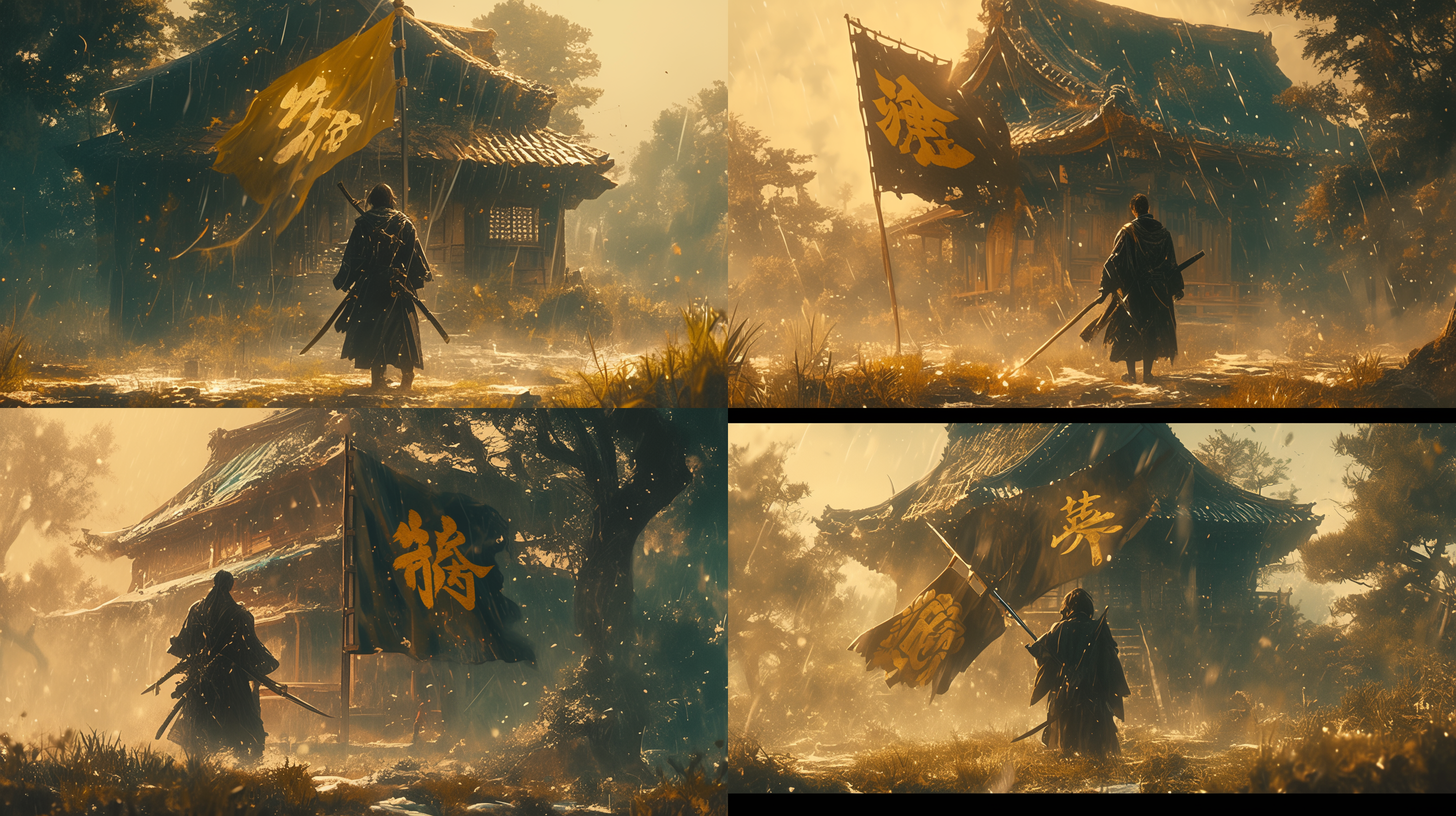 农村，亚洲年轻男人在打扫的干干净净的房屋外做了一面大旗，插在老屋的正前方，大旗上面写着三个烫金大字——收魂人。冷光，细节精致，布局精致，长焦镜头，静态。加入情节让画面更丰富