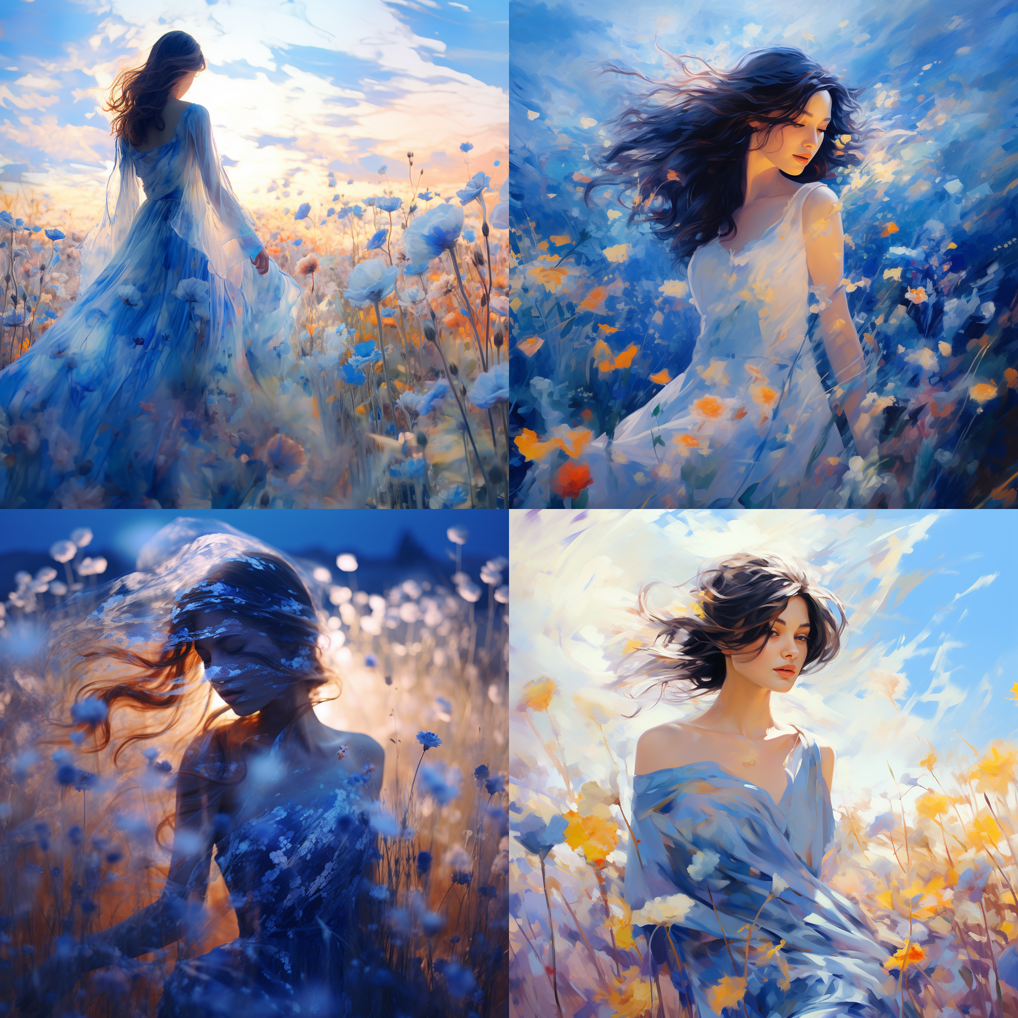 颜色颗粒，透明色彩，蓝色花田，清晰画报，精细钢笔，风吹花瓣，全是风景，无人，高饱和度，慢速快门，柔和光线，宁静。