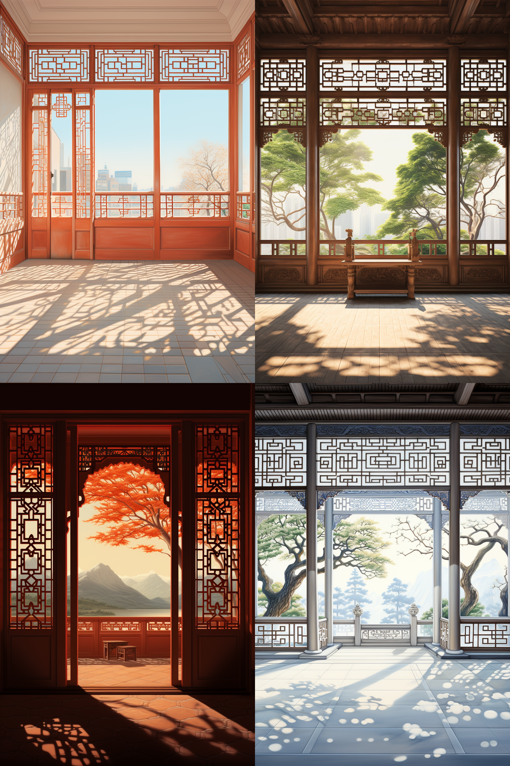 明亮，中国古典主义，花格窗，借景，手稿，版画，素描，美丽光影，两点透视，简洁干净，空旷明亮，corona渲染，3:4纵横比