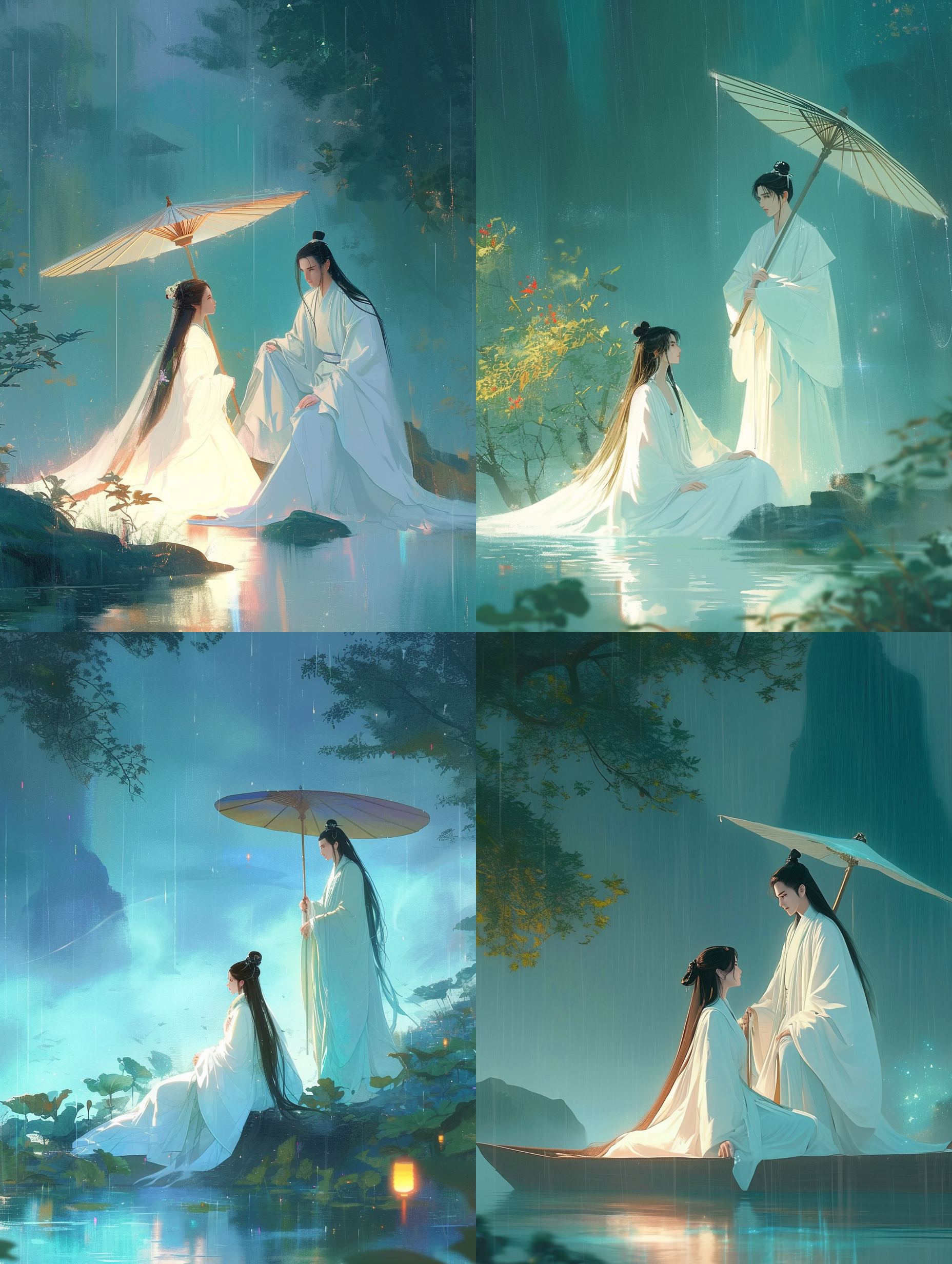 古风汉服情侣，一个倾国倾城绝美仙女身穿白色纱裙坐在河边，一个身穿若水色纱衣的男子站在一旁为女子撑着一把油纸伞，汉服，闪闪发光，荧光， 闪光， 星光， 粒子光，不灵不灵的光，发光粒子，粒子特效，超大侧镜全景，景深，超广角构图法，特写镜头捕捉，佳能135数码单反照相机，300mm焦距，快门速度1/80s，光圈 f /5.6，感光度 iso 100，长焦镜头营造近景画面，高岭之花，仙气飘飘，一身白衣，长发飘飘，低饱和度的颜色