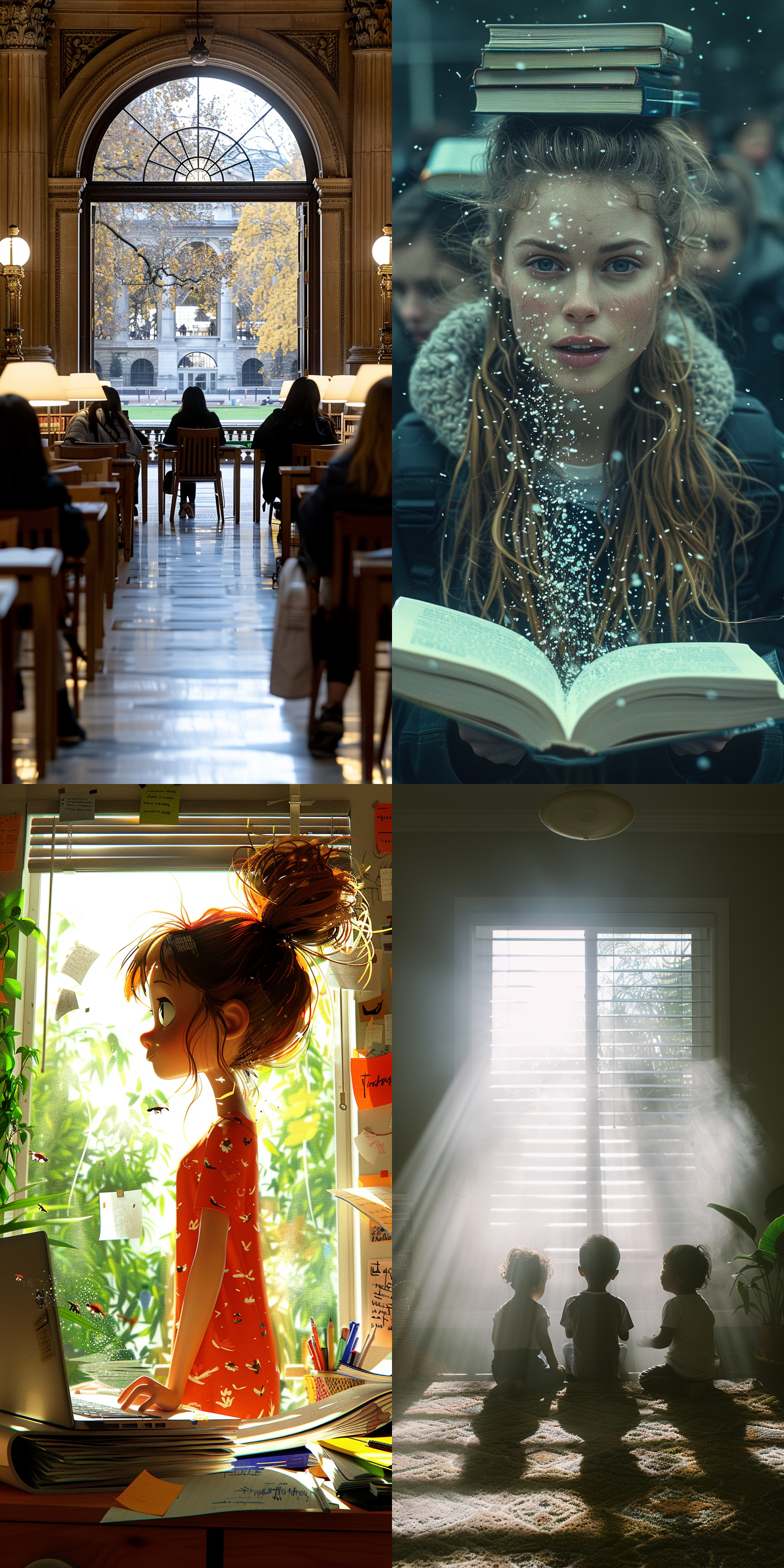 学子苦读，书海环绕，集中注意，光线透过窗户，柔和色调，长焦镜头，侧面构图，静态，专注，冷静自信。