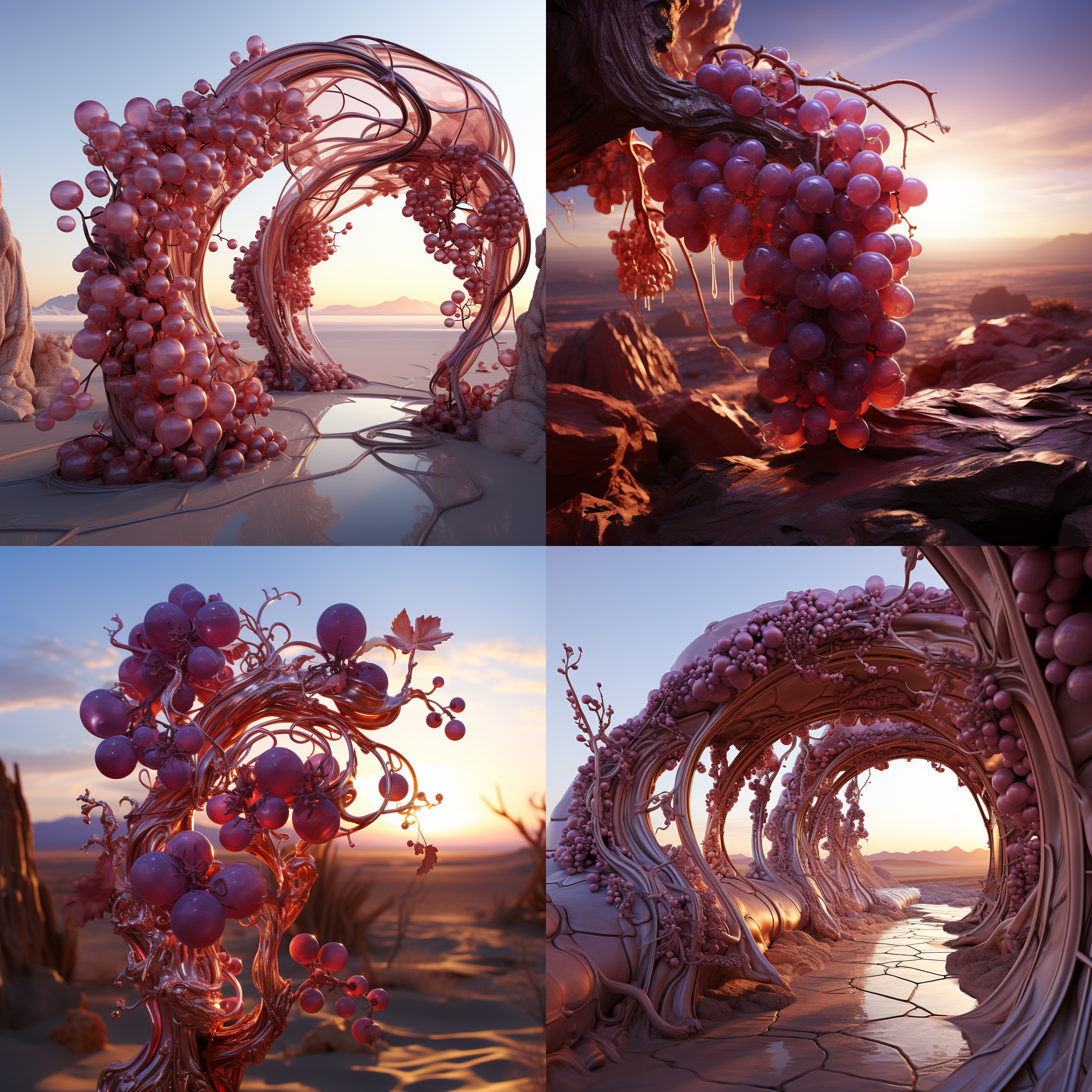 戈壁滩上的葡萄架，超现实主义，荒凉环境，紫色葡萄，金属结构，曲线构图，日落余晖，朦胧感，梦幻色调，低角度拍摄，迷幻氛围。