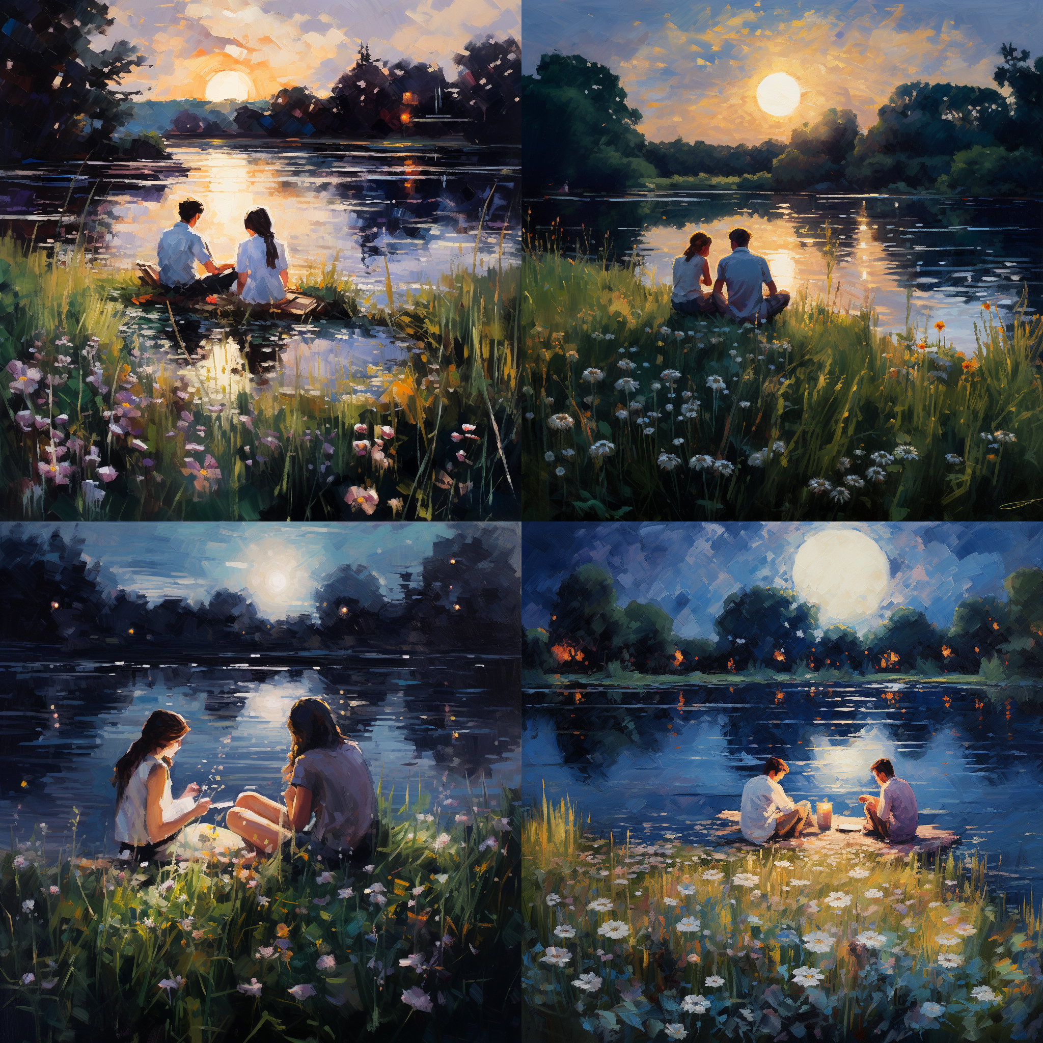 年轻大学生读书，湖畔夏夜。明月倒影，清凉水波，花草倒影。柔和调色，静谧，抽象印象派风格，浓郁色彩，电影般光影，明暗对比强烈。唯美油画风格，治愈系情感，高质量细节，广角景深，大师级艺术作品，8k。