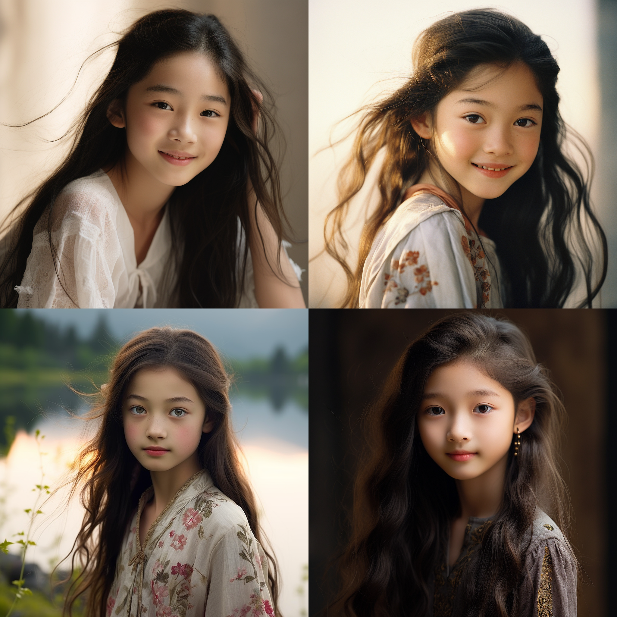 12岁的中国小女孩坐在湖边微笑, 仿照heide aikman, giorgio armani, zach person风格, 8k超高清质量, 自然光线, 清晰细节, 轻松愉悦, 柔和色调, 印象主义风格, 静态姿势。