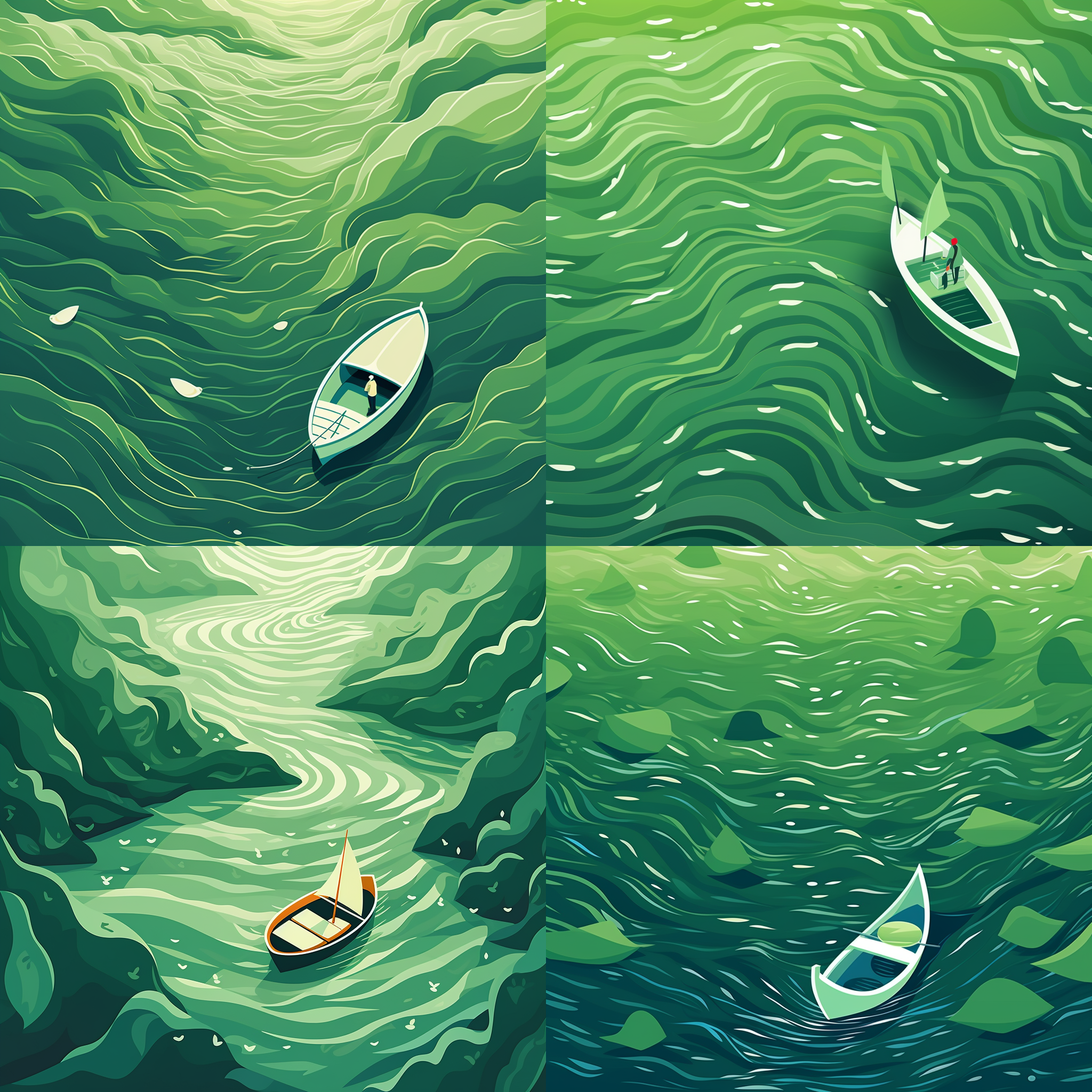 the boat is in the middle,the water ripples to both sides,spring colors,green tones, with a flat illustration and a bird's-eye view,minimalist style,graphic poster design,flat,no c4d,flatten illustration,8k