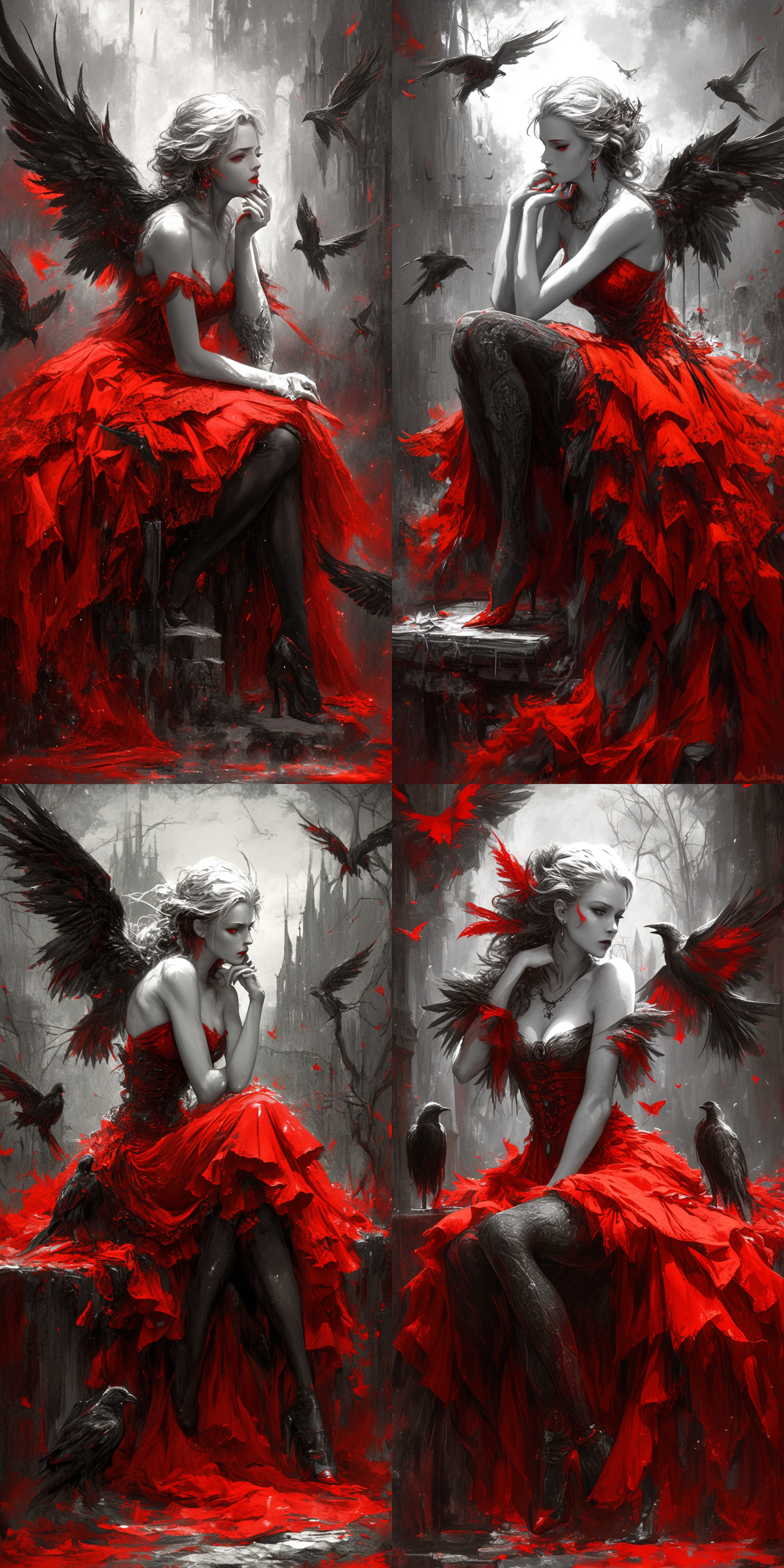 vampire，红色眼睛，白色头发，深红色裙子，黑色丝袜，高跟鞋，哥特城堡背景，奇幻，6k