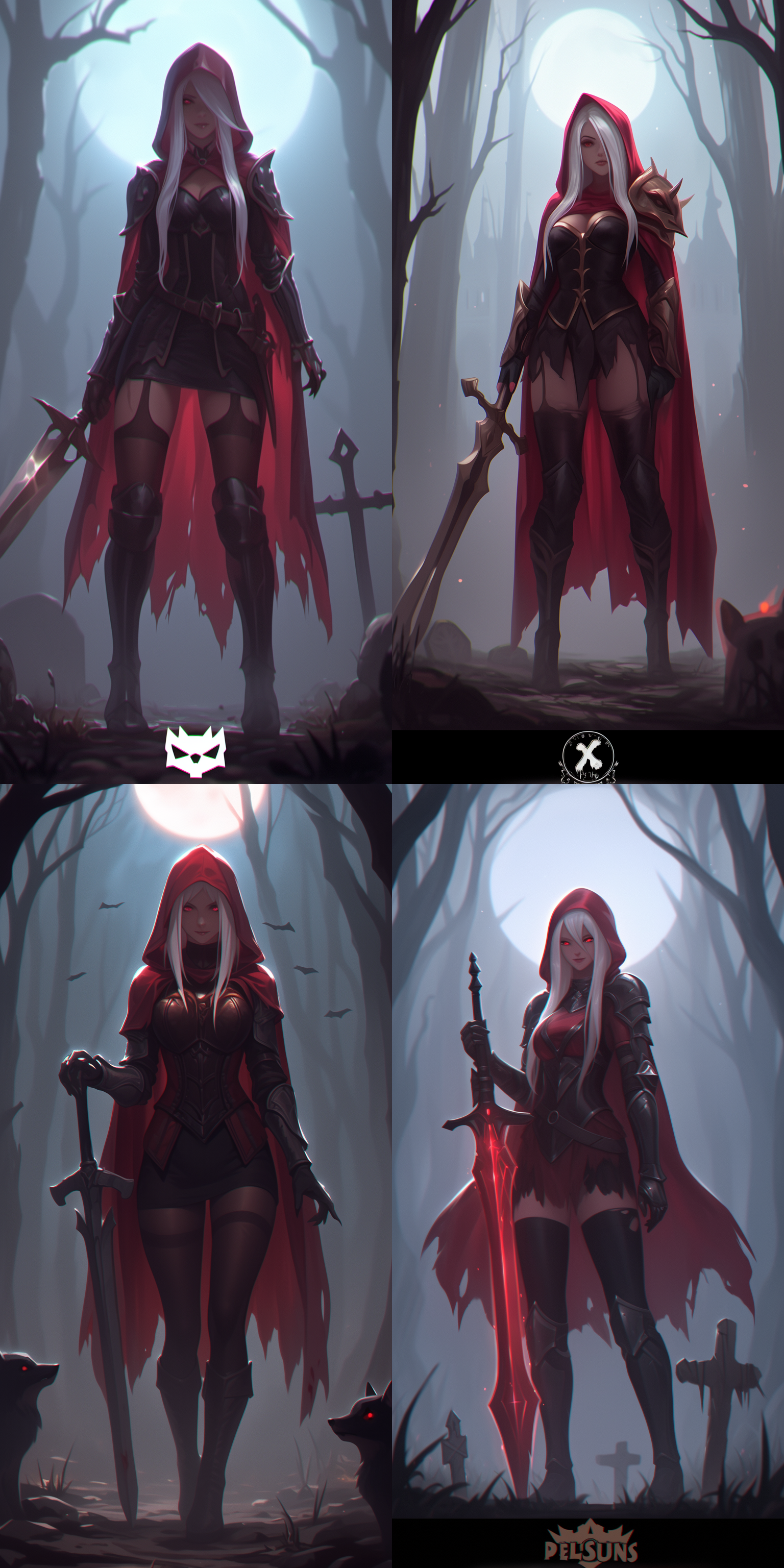 vampire，women，红色眼睛，白色头发，细剑，盔甲，裙子，黑色丝袜，高跟鞋，哥特城堡背景，奇幻，真实的比例，6k