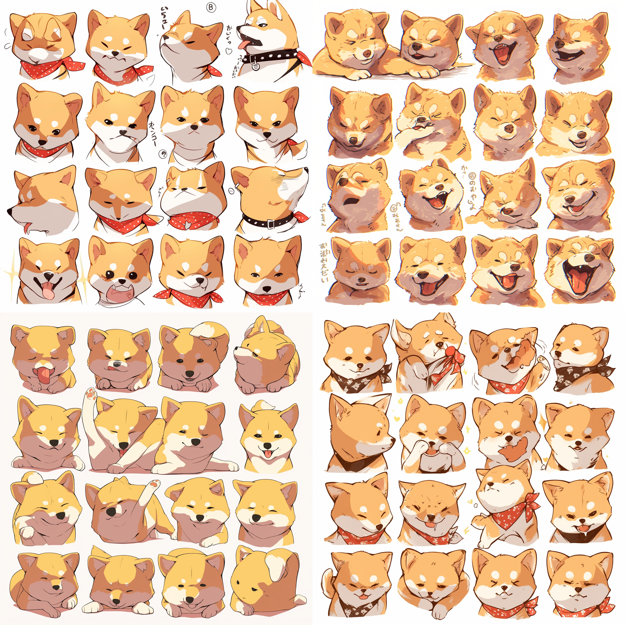 小柴犬，简约卡通风格，白色和黄色，工笔画，夸张表情，浆果朋克，幽默干练，表达丰富的肢体语言，多种姿势和表情，s750，niji 5