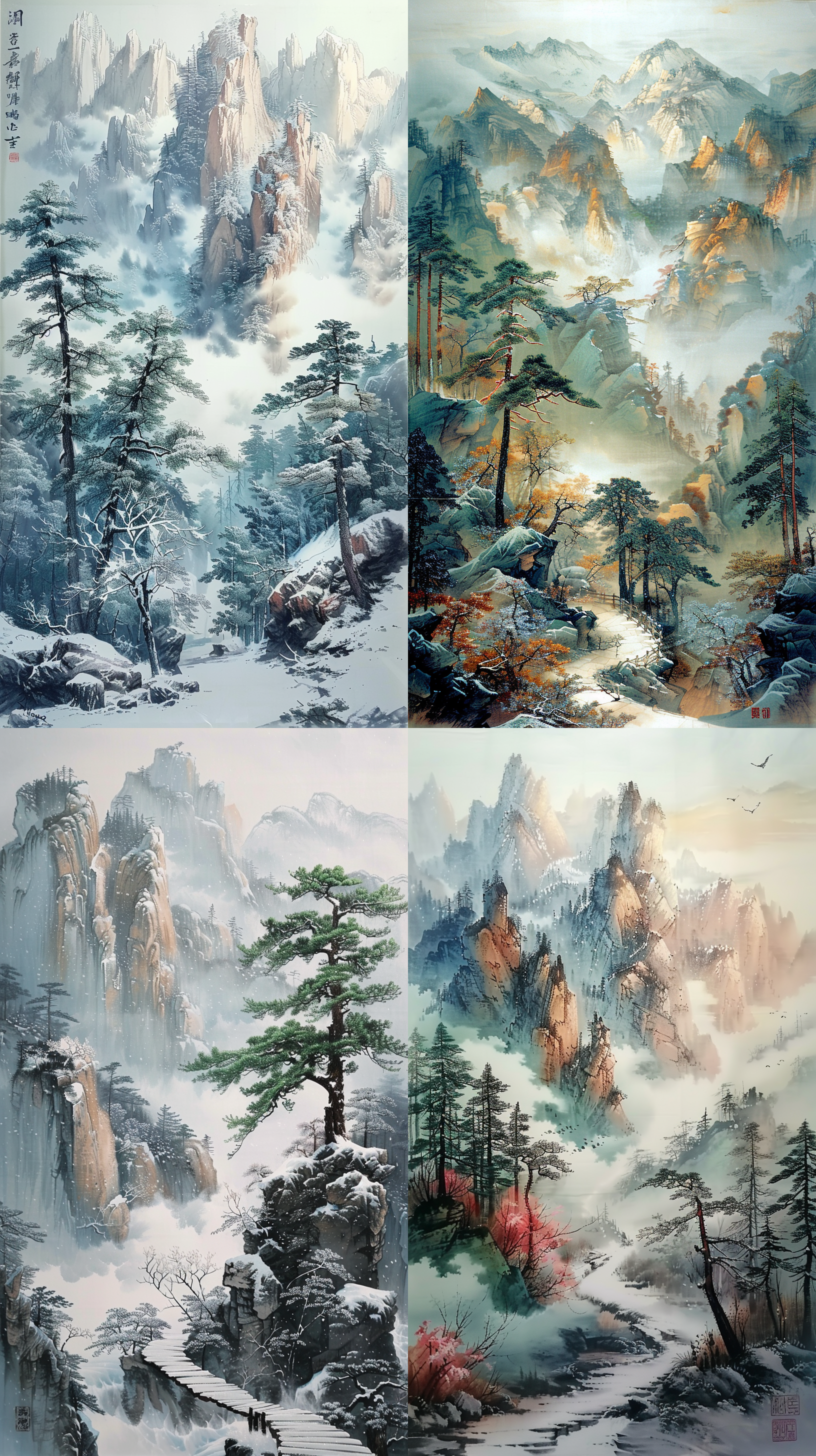 green landscape painting, works of rich color, dazzling, silk, color, brush li tang, mountains and trees with light wrinkle of ink, the whole work of the overlapping mountains, the distance is white snow cliff, the near is heavy color brilliant mountains, steep cliffs like a knife, the rugged plank road trees into shade to the screen above, covered with snow, reasonable composition, magnificent manner, proper white space, imitation qiu british, jiange diagram,