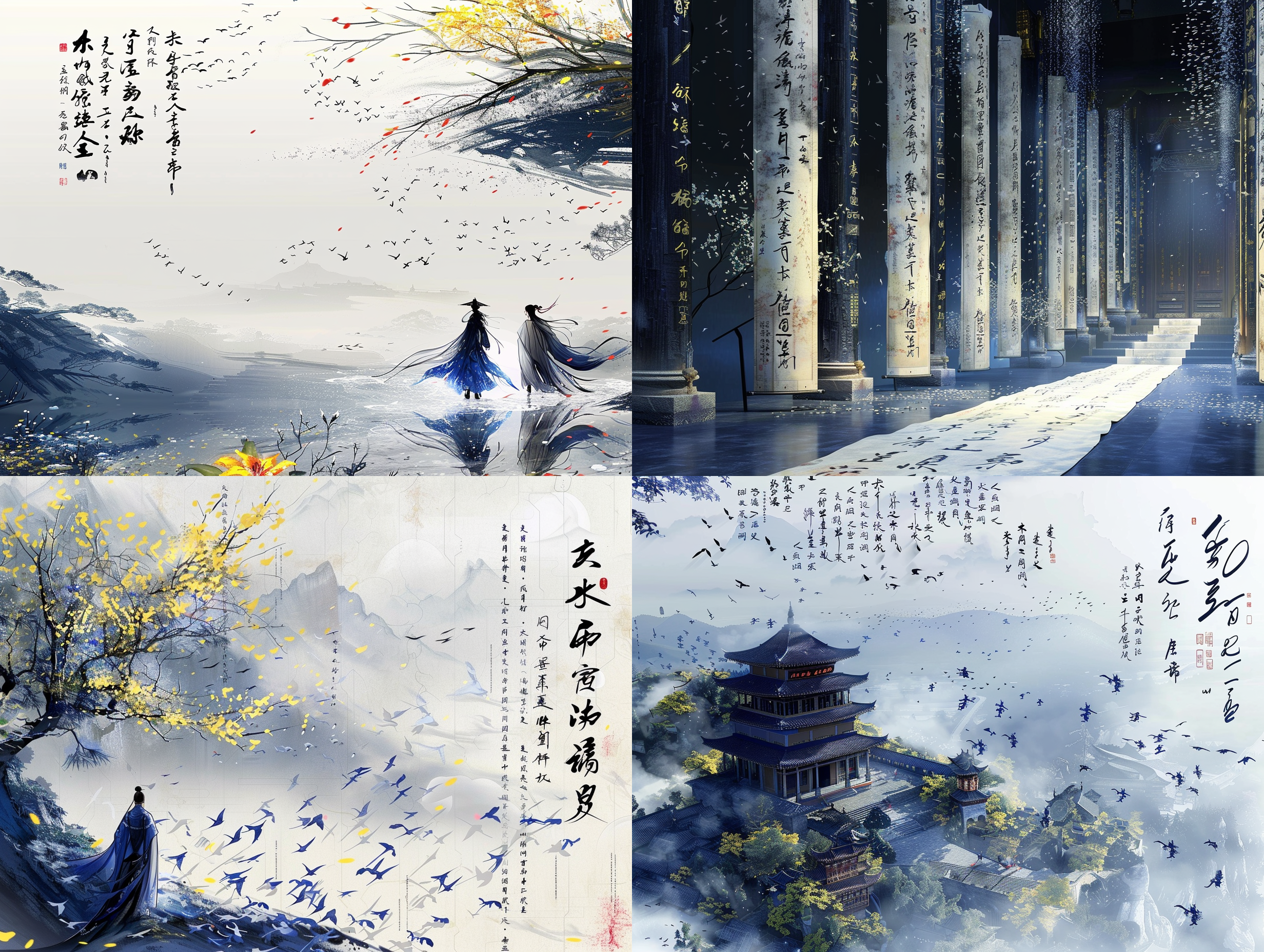 超现实奇幻世界，空间布满自上而下的书法国画的画布，歌舞吟咏。 低角度 全景 仰视视角 动画艺术 超现实主义 新艺术风格