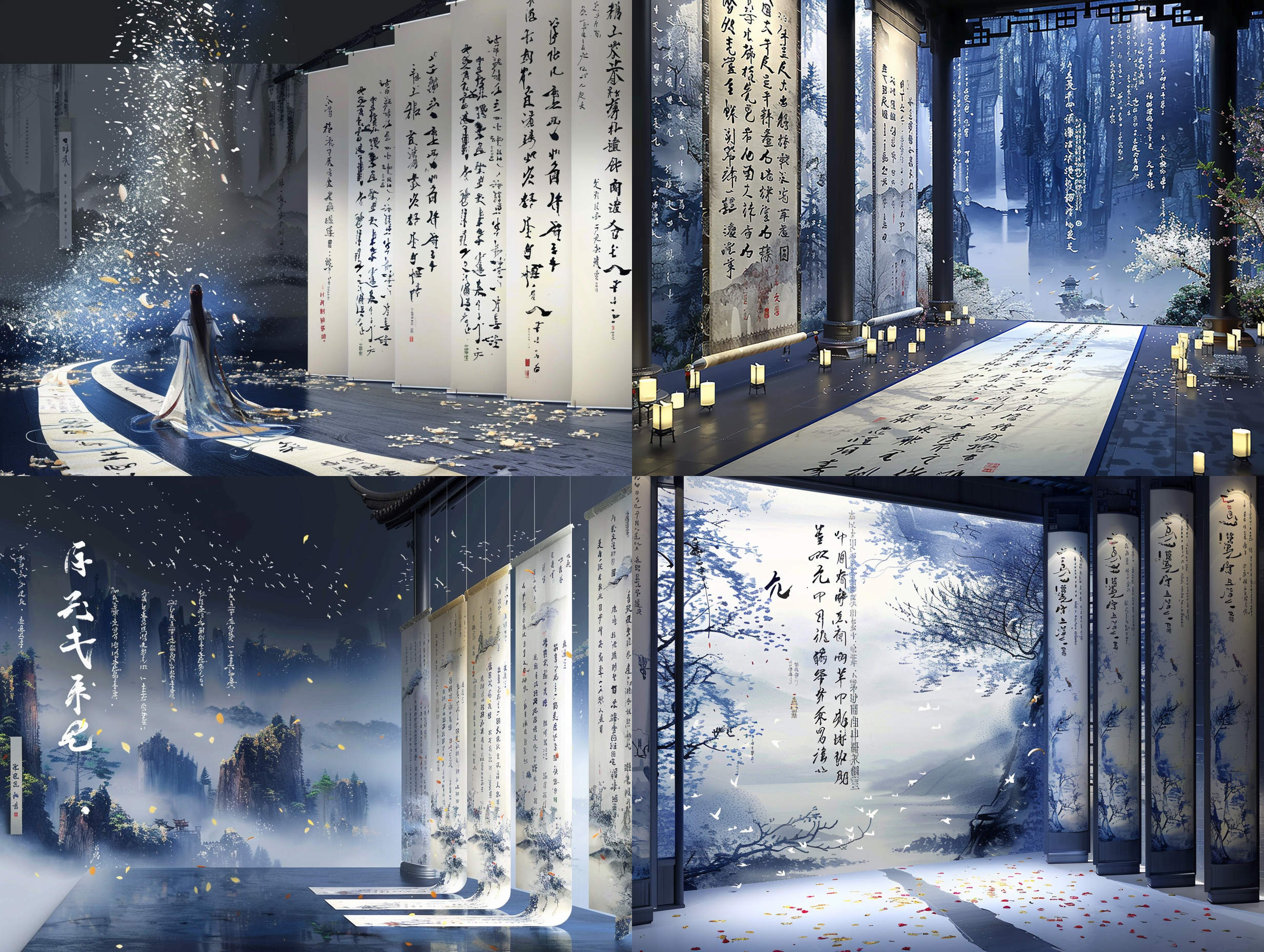 超现实奇幻世界，空间布满自上而下的书法国画的画布，歌舞吟咏。 低角度 全景 仰视视角 动画艺术 超现实主义 新艺术风格