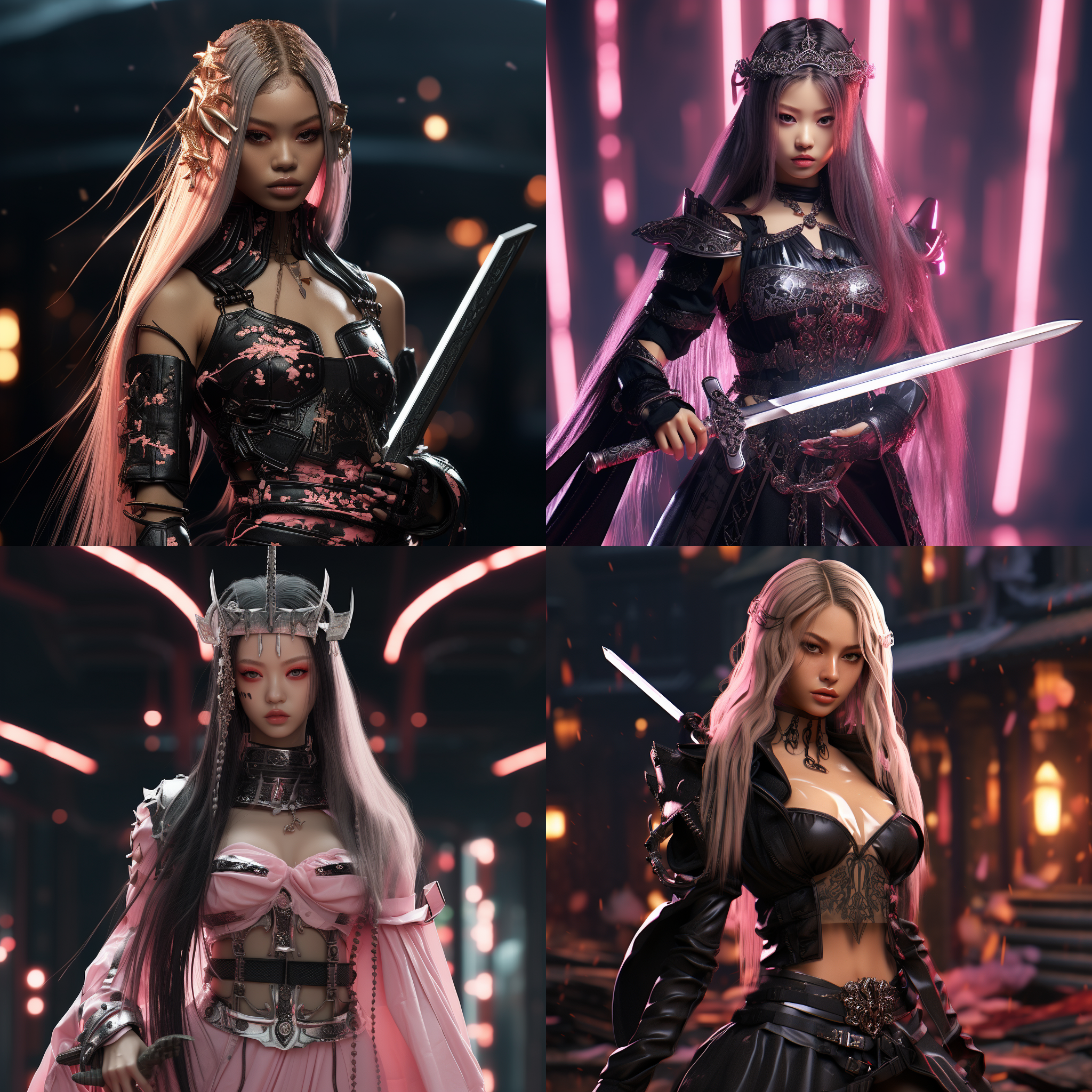 赛博朋克风格，科幻美女女战士，头发飘逸，有着blackpink jennie的脸，身穿古装，衣服飘逸，手持长剑，身边飞龙盘旋，赛博朋克山水背景，人物特写，超高清，疯狂洗劫，3d渲染，8k,徕卡镜头