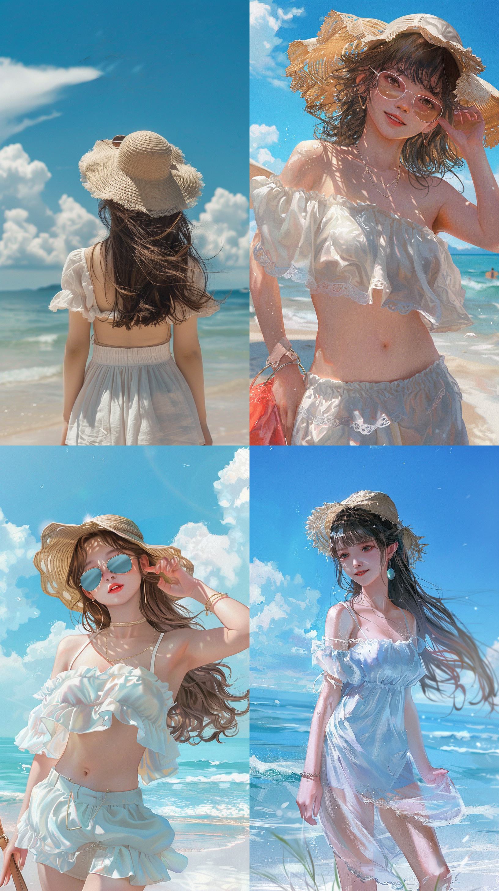 在海边旅游的中国女孩通常会穿着轻便、舒适的衣服，如短裤、连衣裙、t恤等。她们可能会搭配一些海滩风格的配饰，如太阳镜、帽子、沙滩包等。她们通常会选择在阳光明媚的日子里前往海边，享受阳光、沙滩和海风的惬意。 在海边旅游的场景图中，女孩们可能会在沙滩上嬉戏、玩沙、游泳、冲浪或者只是静静地欣赏海景。她们可能会拍一些美丽的照片，留下美好的回忆。 此外，女孩们可能会与家人、朋友或者恋人一起旅行，共同享受海边旅游的乐趣。这些场景图也展示了她们之间的亲密关系和欢乐氛围。 总之，中国女孩在海边旅游的场景图中通常会展现出轻松、愉悦和欢乐的气氛，与海边的美景相得益彰。