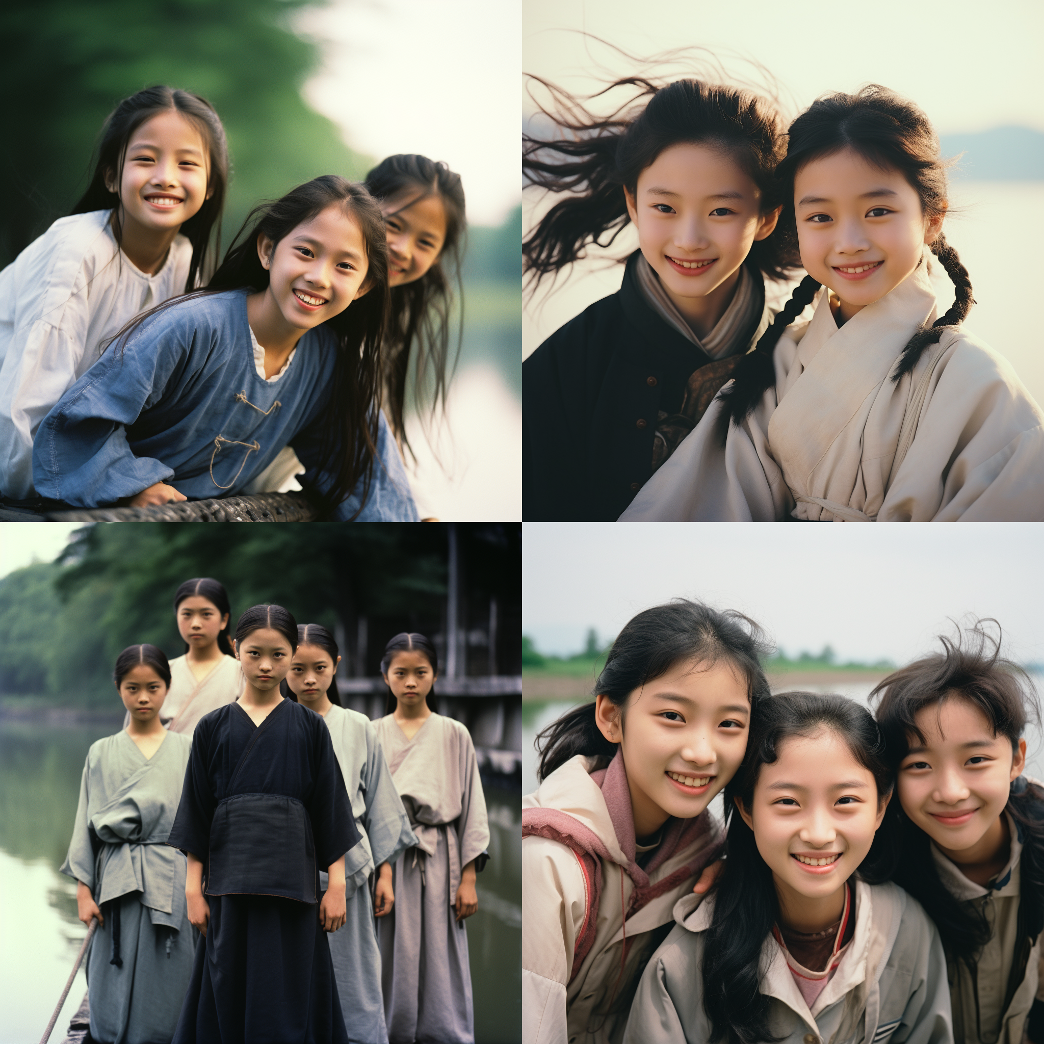 12岁的中国小女孩坐在湖边微笑，像齐白石、毕加索、达芬奇风格，8k超高清质量，自然光，暖色调，湖水倒影，抓拍，轻松愉快。