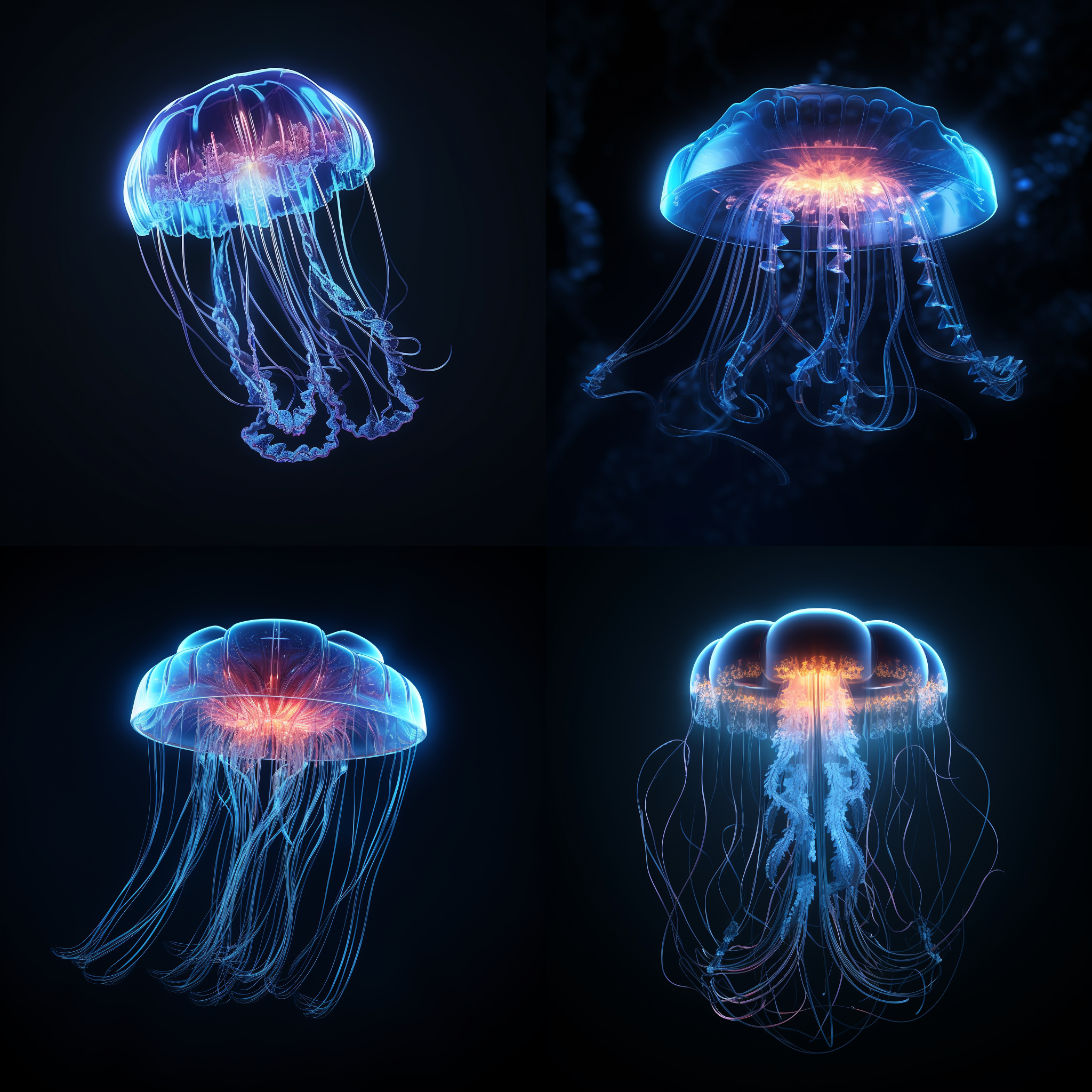 透明的水母线框全息图，黑暗背景下，蓝线发光，高级细节，8k画质，长焦镜头，环境光，漂浮，神秘。