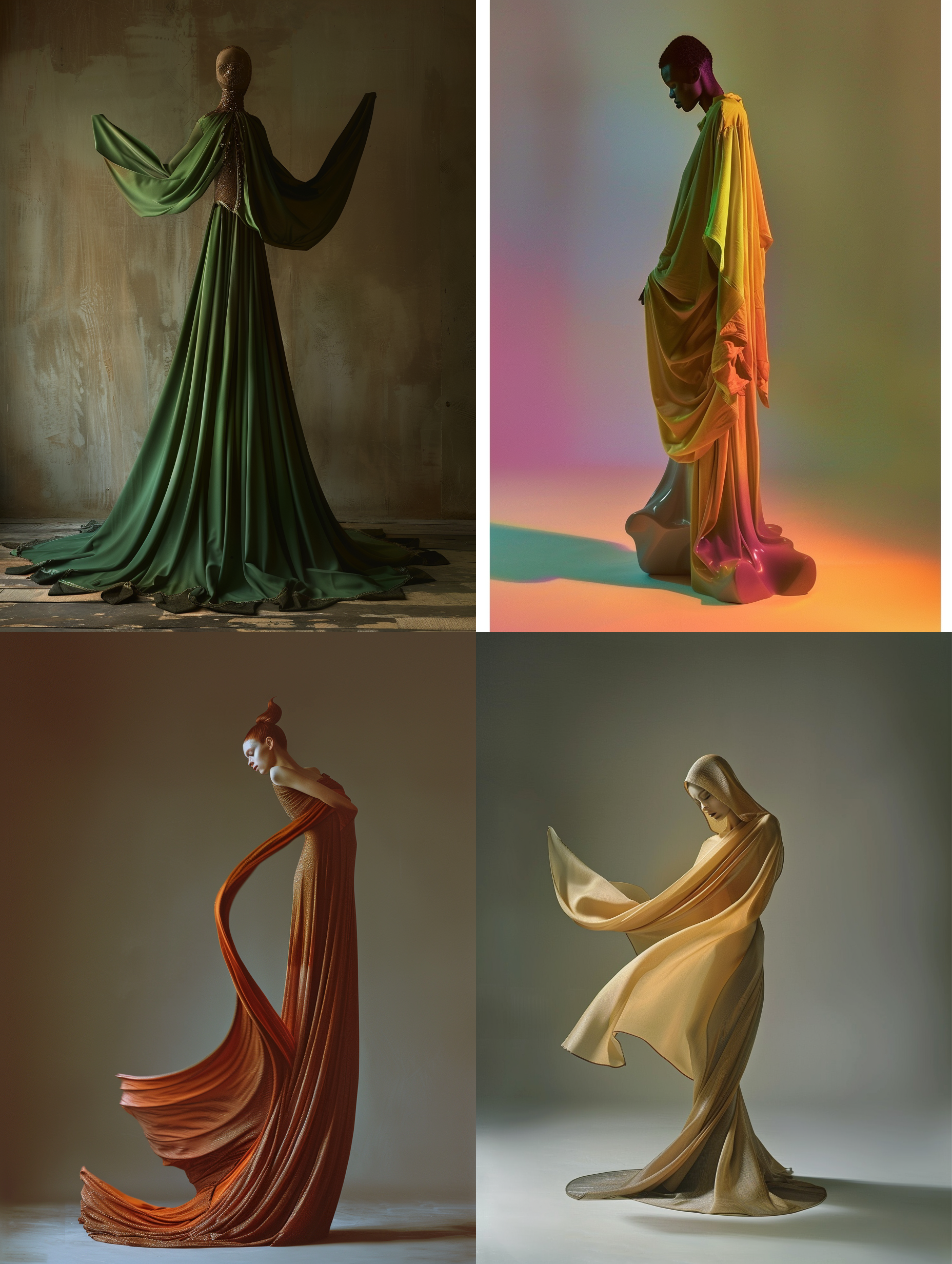 high fashion photography. a model draped in fabric stands on an elegant stand that is shaped like the female form, posing for vogue magazine in the style of color studio lighting.