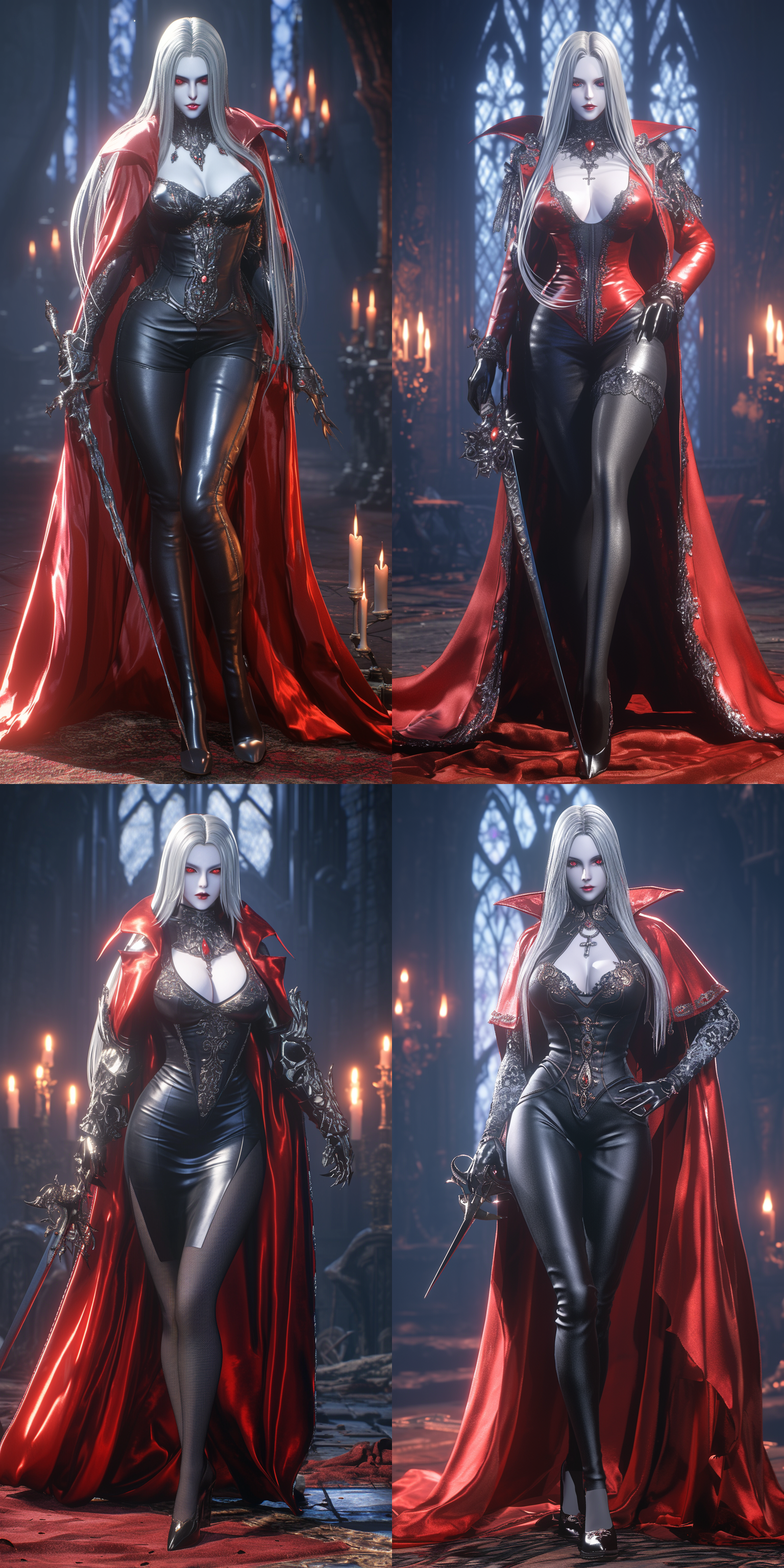 vampire，women，红色眼睛，白色头发，苍白的皮肤，细剑，盔甲，晚礼服，黑色丝袜，高跟鞋，哥特城堡内，奇幻，真实比例，阴暗的色调，邪恶的气质，6k 虚幻引擎 三维 oc渲染器