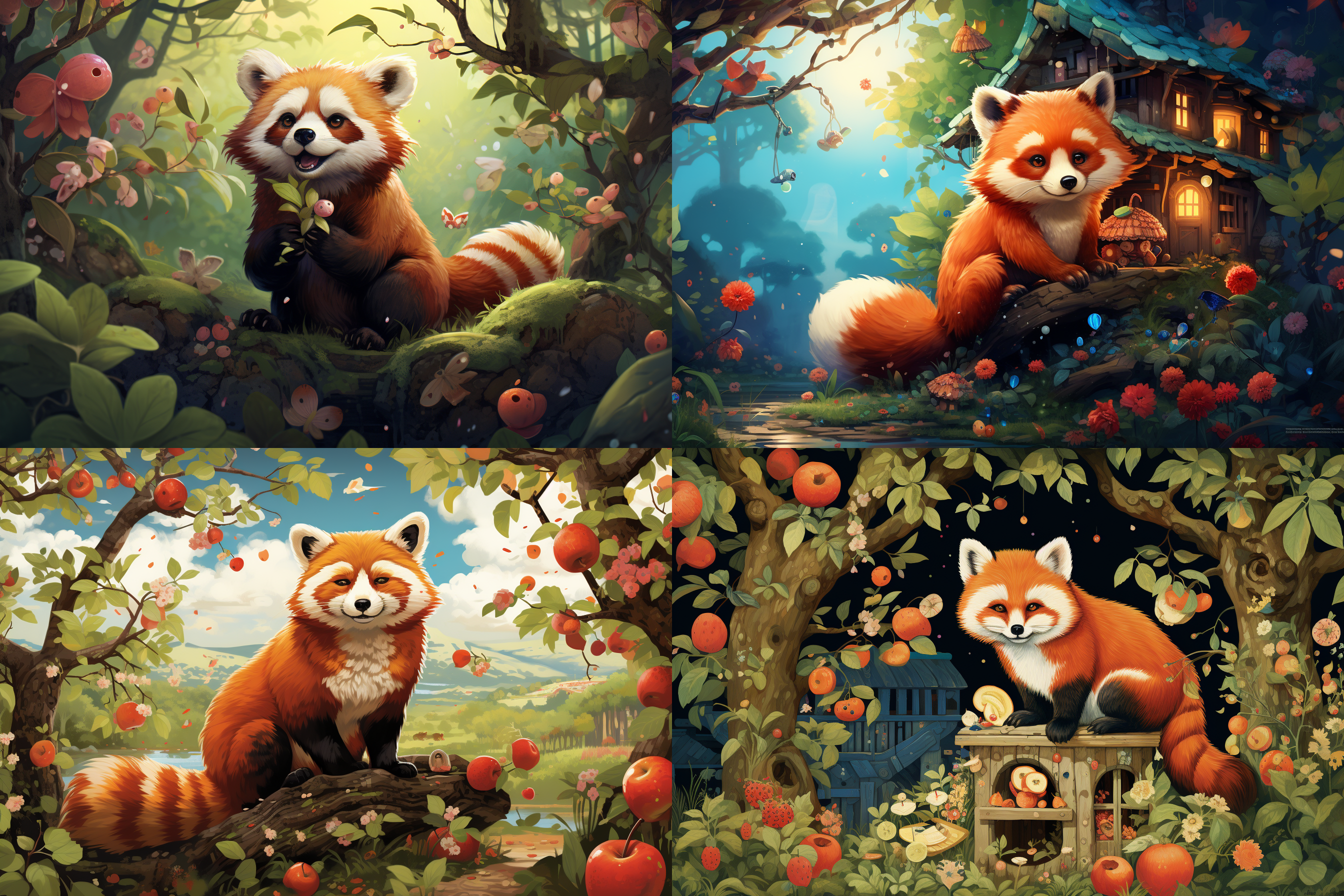 红熊猫坐在草地上开心的吃苹果，它的身后是巨大的树屋，大树枝繁叶茂，天空有几只白色小鸟飞过，thores柴本画风，色彩明亮，海报，高质量 明亮的 魔法花园
