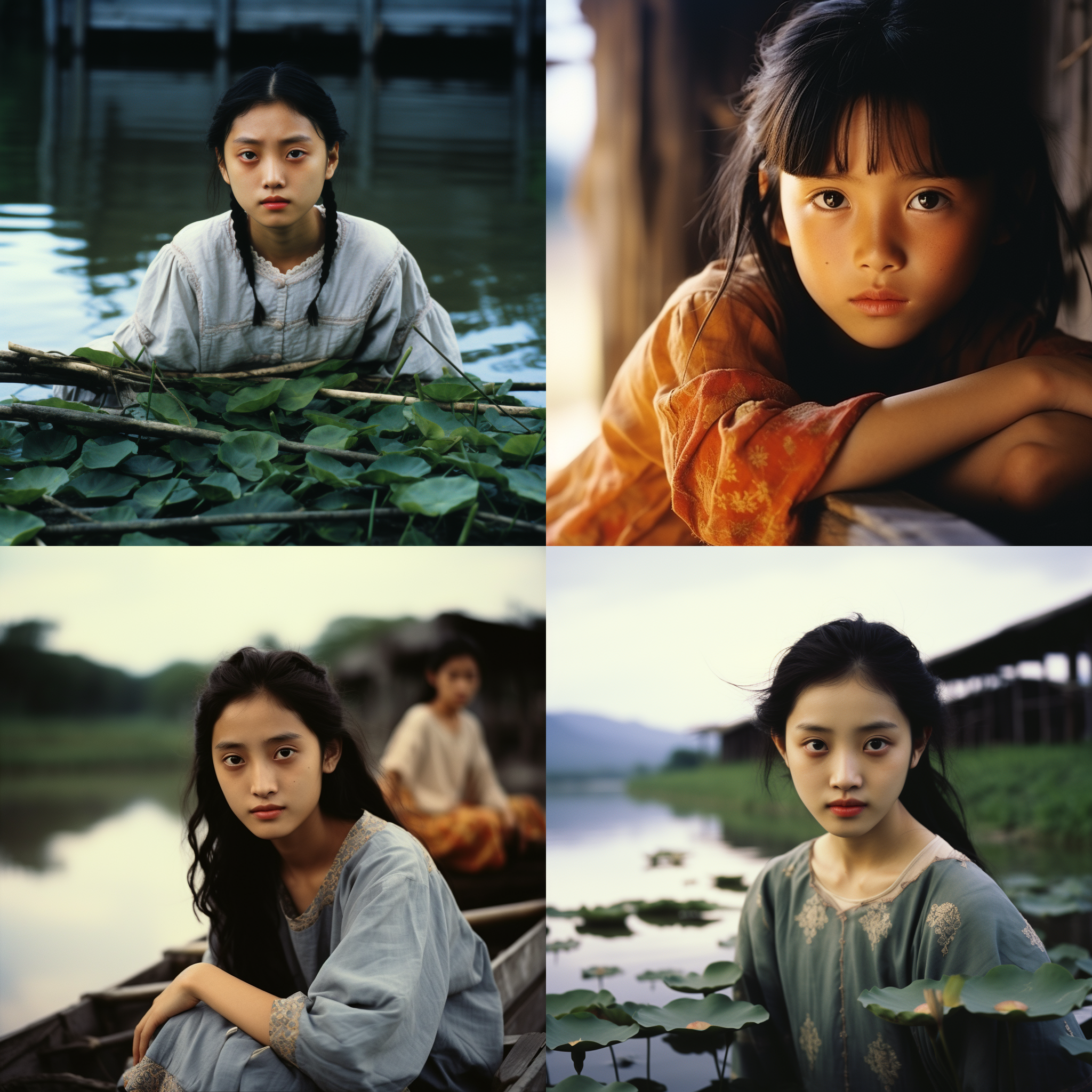 12岁中国女孩湖边微笑，张艺谋、王家卫、郭帆风格，8k超高清质量，静态，自然光，富有情感，亮丽色彩，柔和对比度。