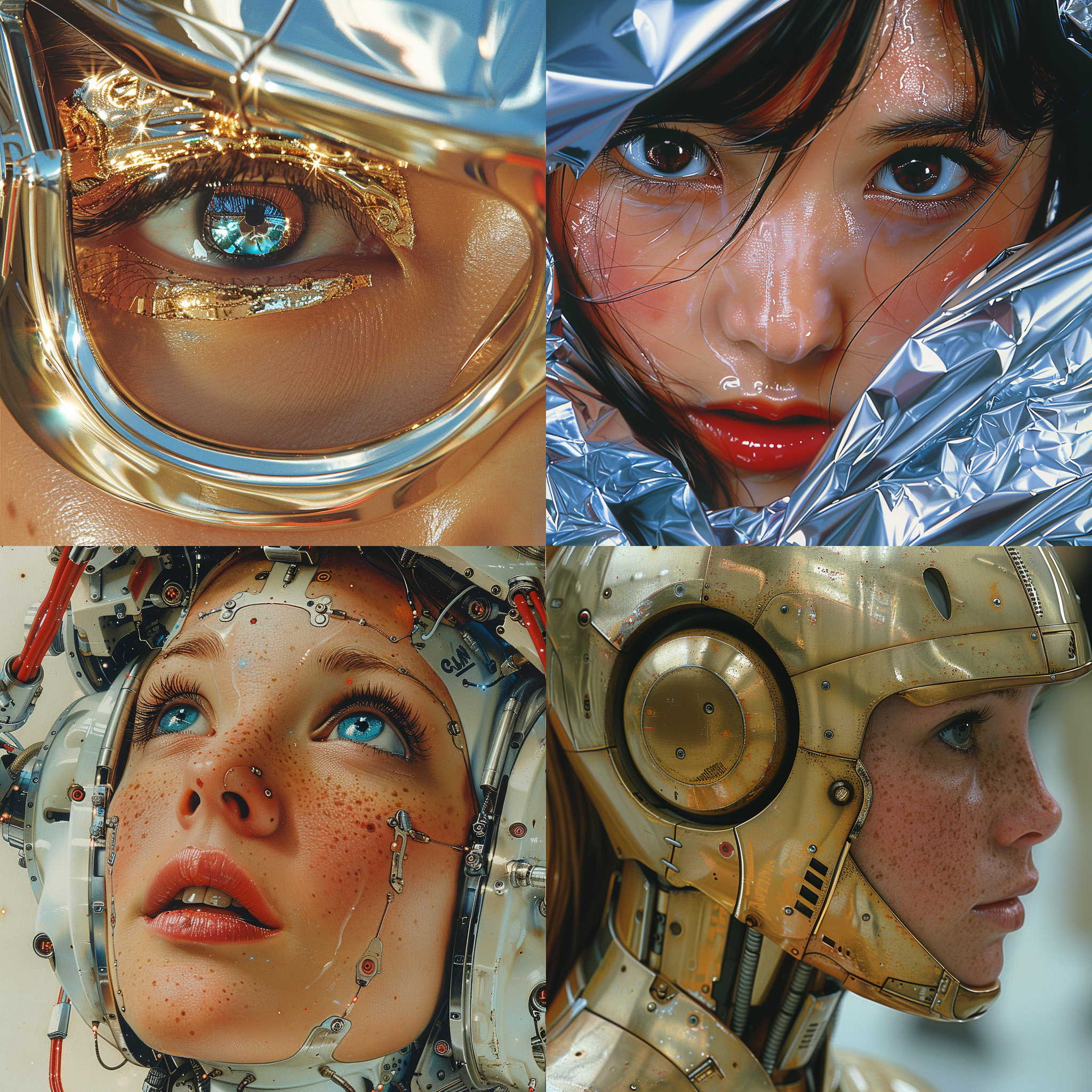 hajime sorayama, 90s, laboratory, fashion woman, portrait of her robot girl , freckle,hd facial features, f4, 35mm, photography, natural light , bright