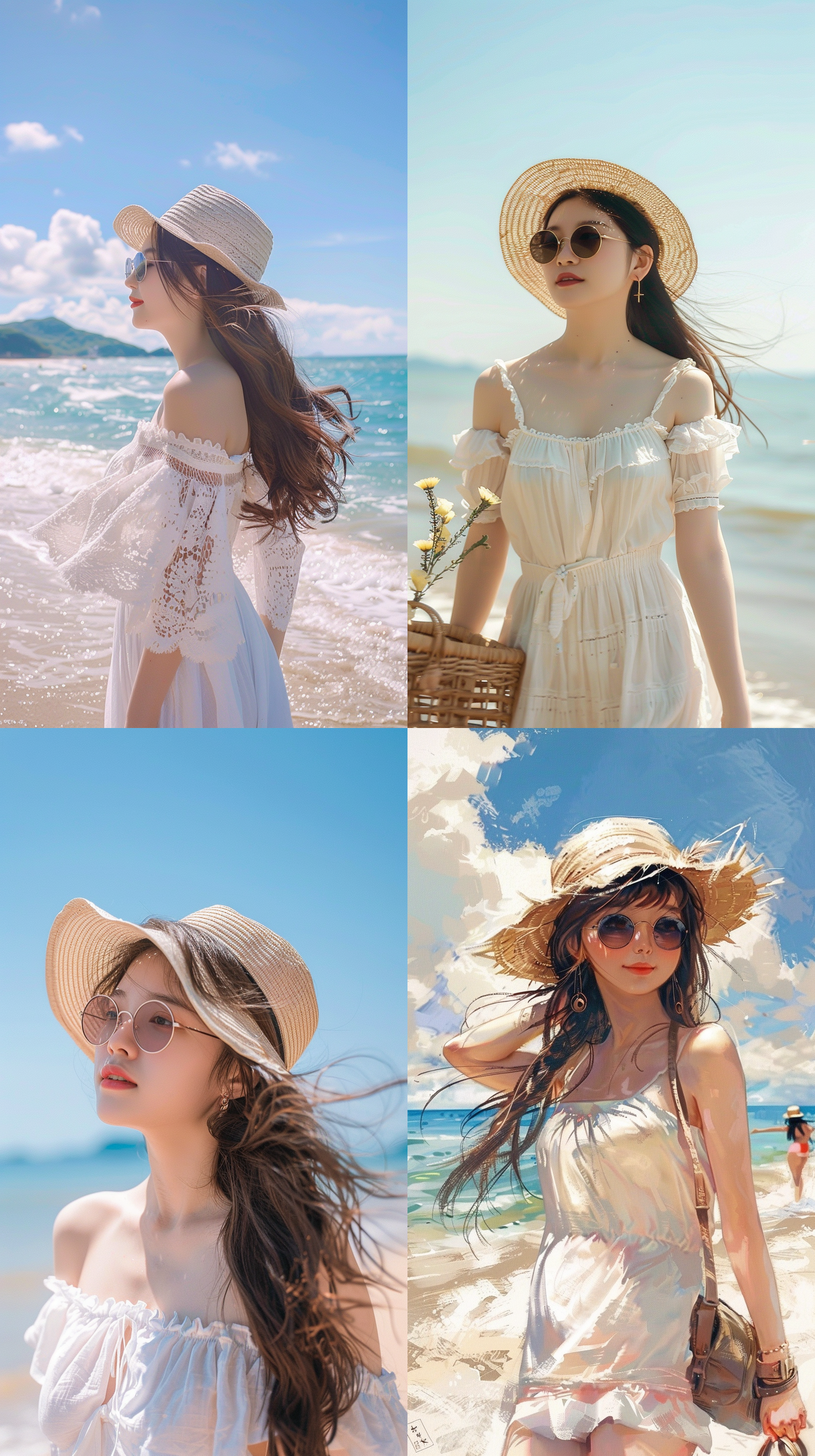 在海边旅游的中国女孩通常会穿着轻便、舒适的衣服，如短裤、连衣裙、t恤等。她们可能会搭配一些海滩风格的配饰，如太阳镜、帽子、沙滩包等。她们通常会选择在阳光明媚的日子里前往海边，享受阳光、沙滩和海风的惬意。 在海边旅游的场景图中，女孩们可能会在沙滩上嬉戏、玩沙、游泳、冲浪或者只是静静地欣赏海景。她们可能会拍一些美丽的照片，留下美好的回忆。 此外，女孩们可能会与家人、朋友或者恋人一起旅行，共同享受海边旅游的乐趣。这些场景图也展示了她们之间的亲密关系和欢乐氛围。 总之，中国女孩在海边旅游的场景图中通常会展现出轻松、愉悦和欢乐的气氛，与海边的美景相得益彰。