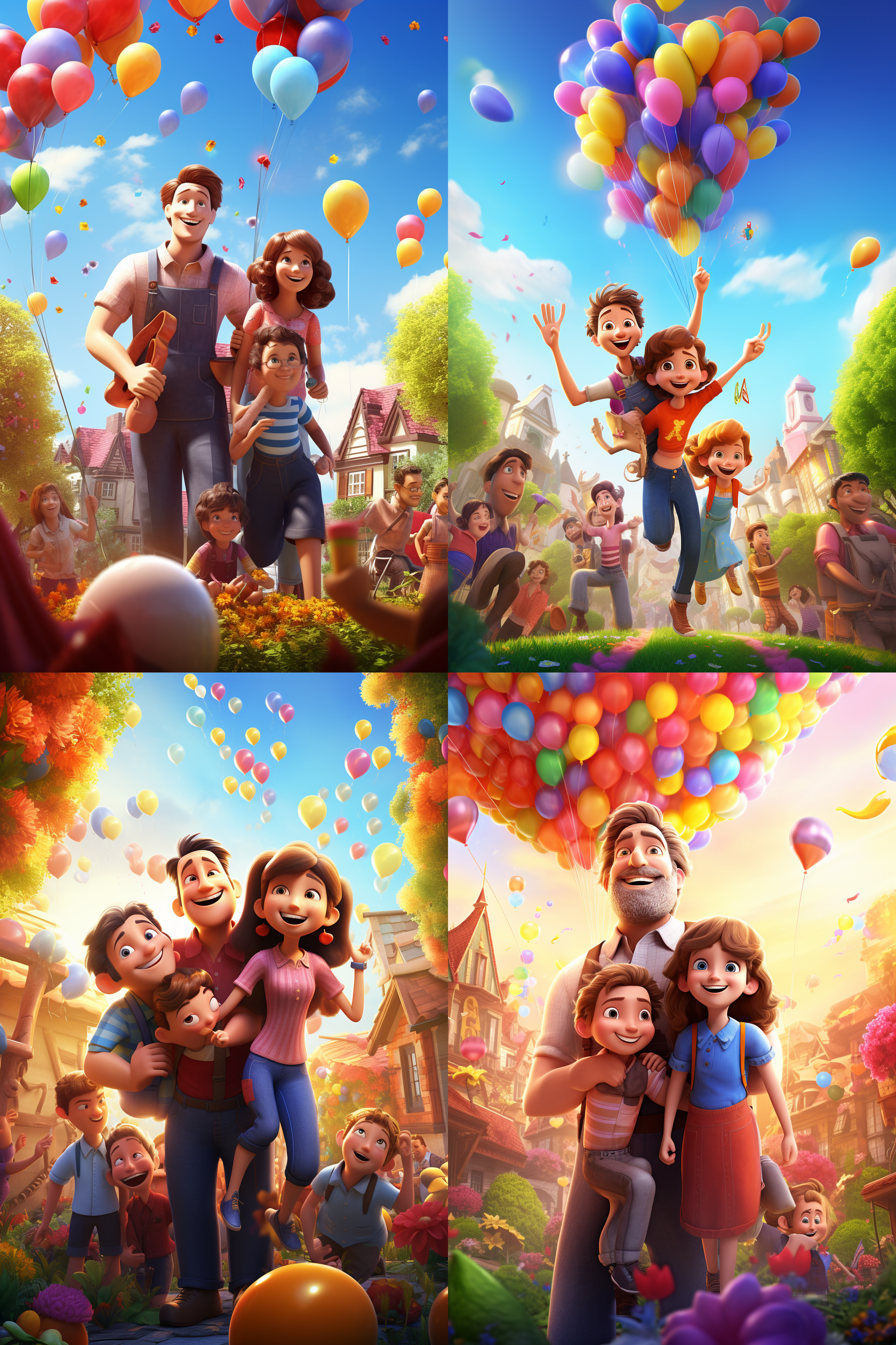 51劳动节海报，童话风格，3d渲染，幸福家庭团聚，明亮色彩，欢快氛围，花园场景，镜头特写，生动表情，微笑，快乐。