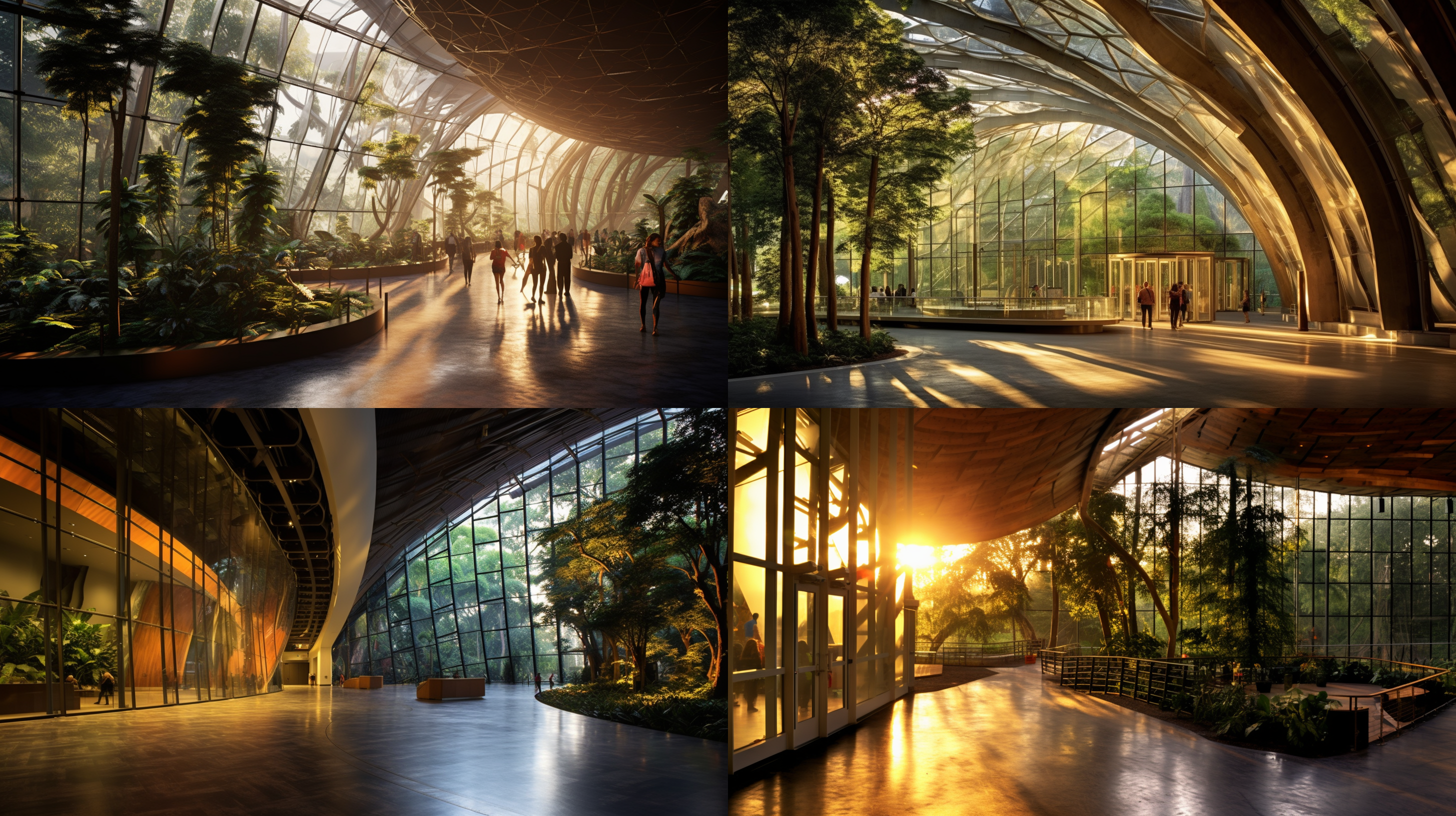 门票中心，入口，玻璃弧形墙引导，雨林风格，晨光照耀，自然色调，超广角镜头，环境光，游客排队，充满期待。