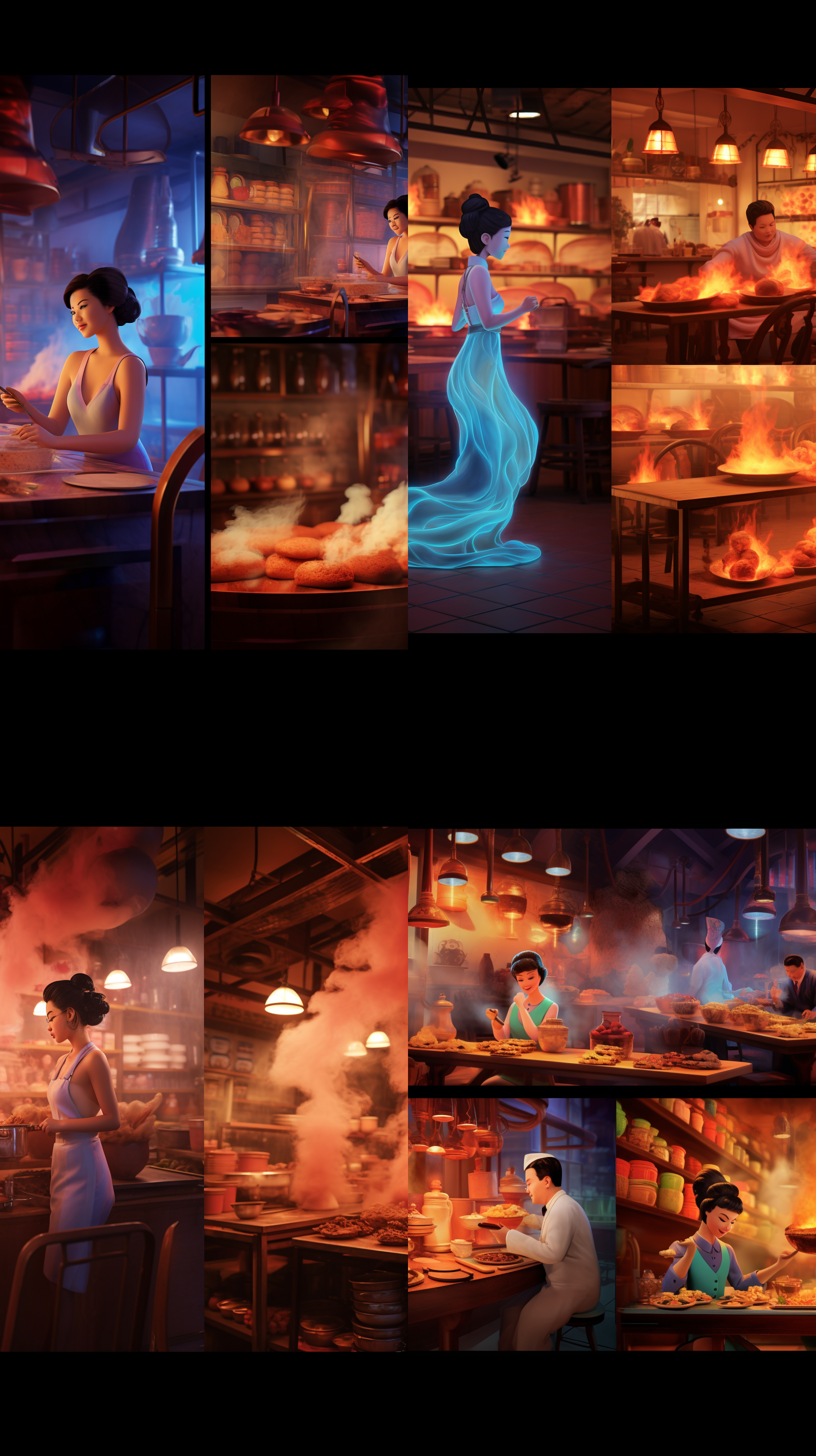 视频火锅店，热闹场景，夜晚，霓虹灯光，烟雾缭绕，年轻人欢笑，服装时尚，五颜六色的火锅料，表情喜悦，镜头抓拍，动感十足，色彩鲜艳，热情洋溢。