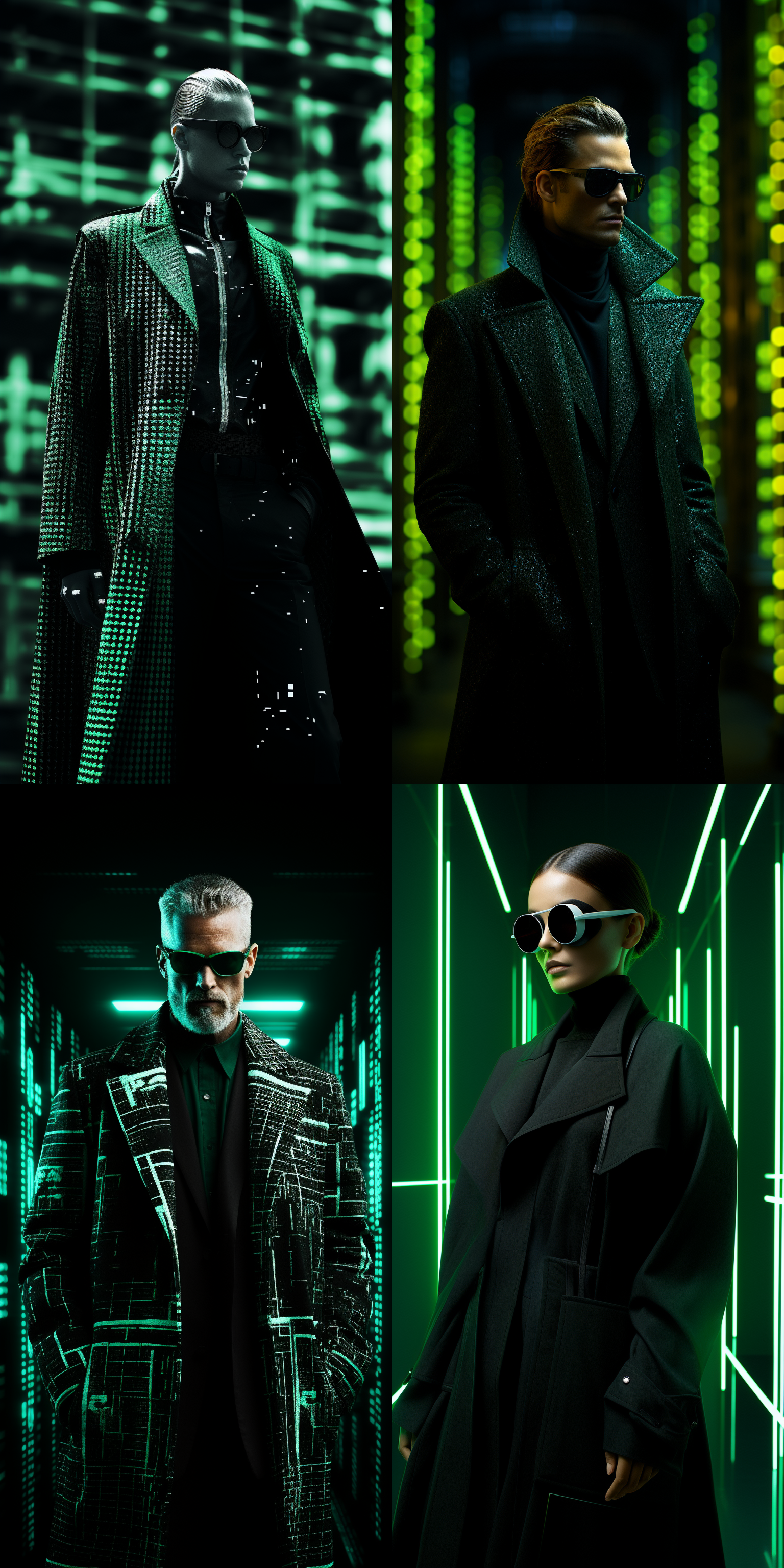 黑客站在数码矩阵中，绿色代码环绕，插画风格，高清晰度，科技感，全身镜头, 墨镜, 黑色长衫, 创新灵感, 数字化, 绿色调, 抽象, 冷色调, 神秘。 全身 电发光线