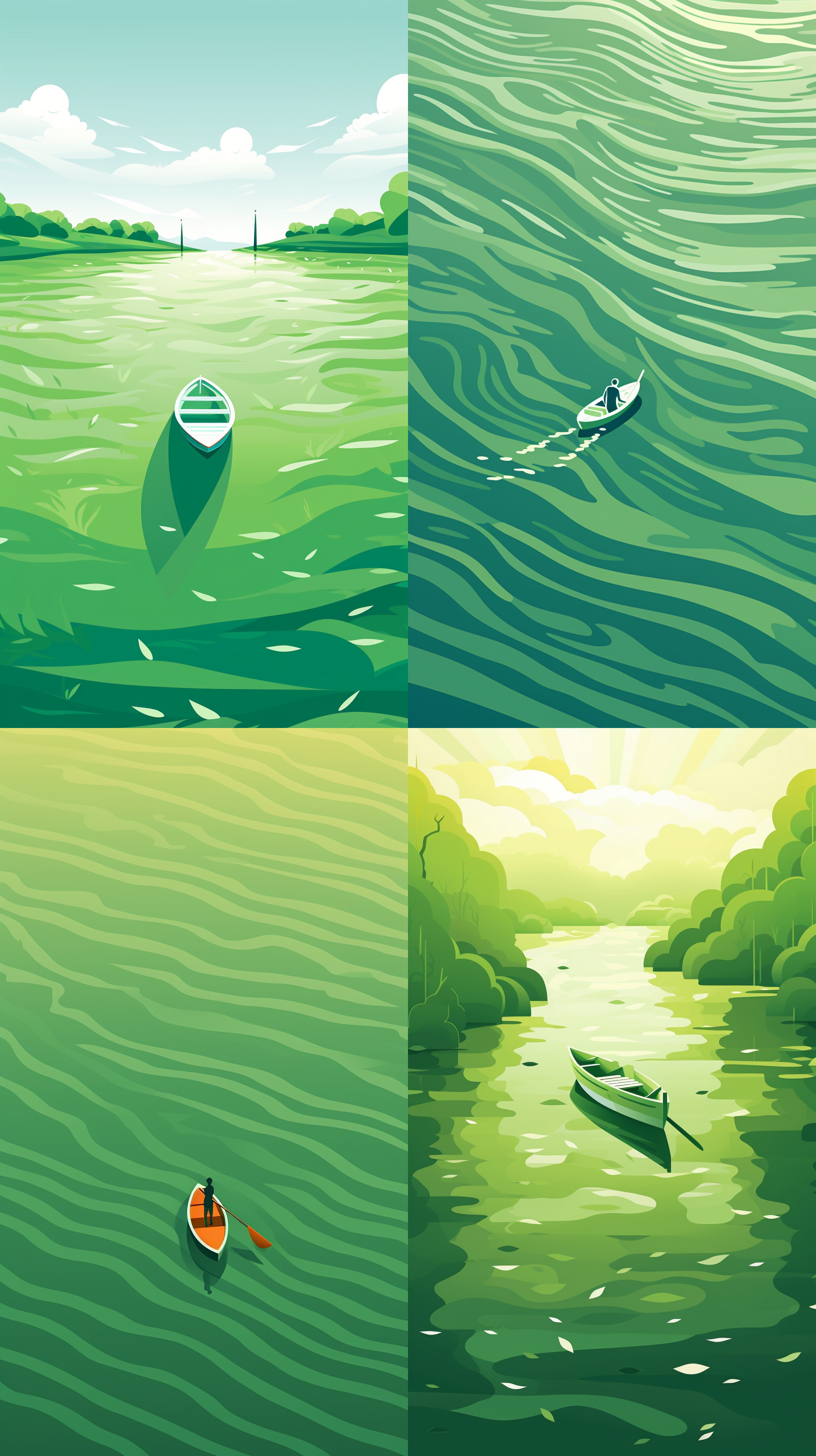 the boat is in the middle,the water ripples to both sides,spring colors,green tones, with a flat illustration and a bird's-eye view,minimalist style,graphic poster design,flat,no c4d,flatten illustration,8k