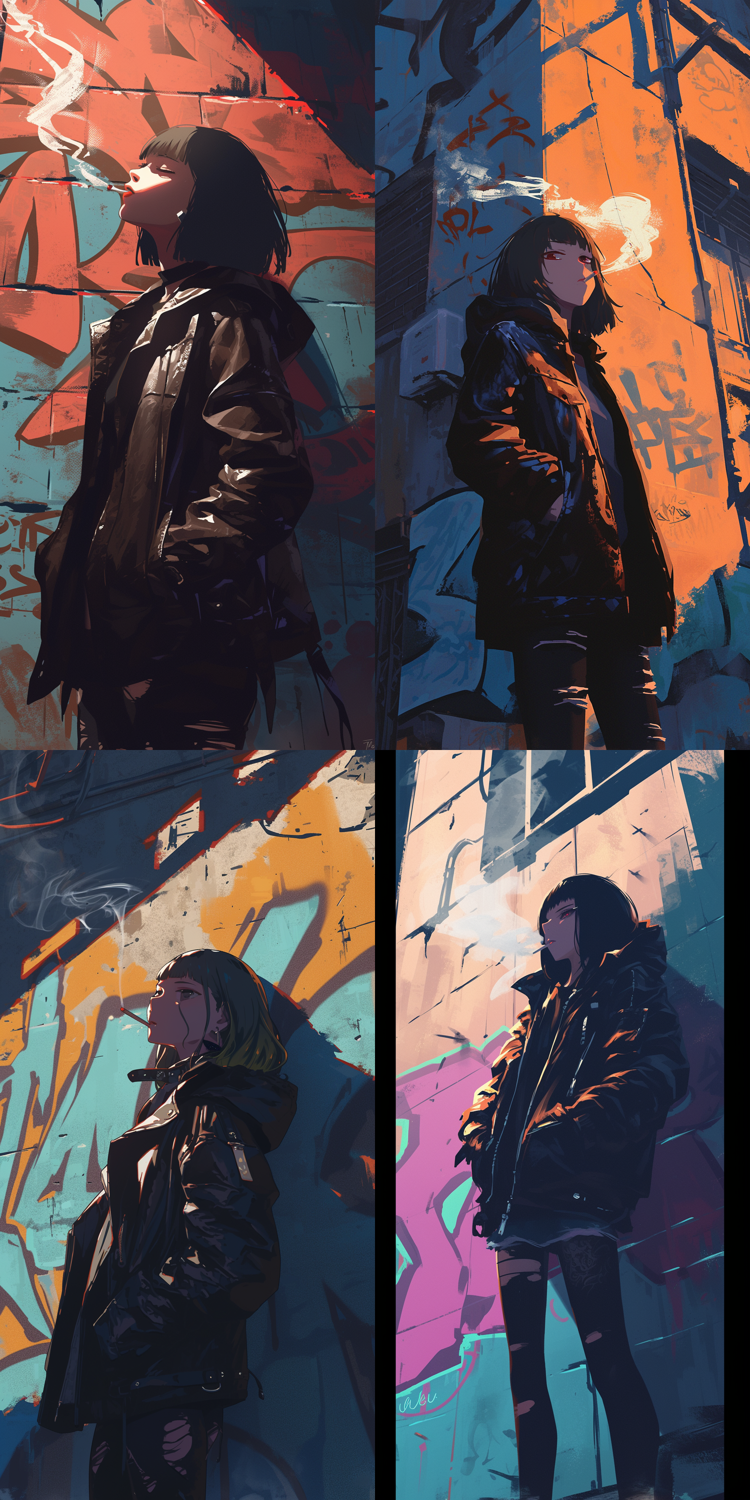 痞子女孩，穿着皮夹克，抽烟，站在破旧街道上，背景有涂鸦墙壁。对比强烈，街头风格，冷色调，长焦镜头，逆光，俯拍，冷漠。