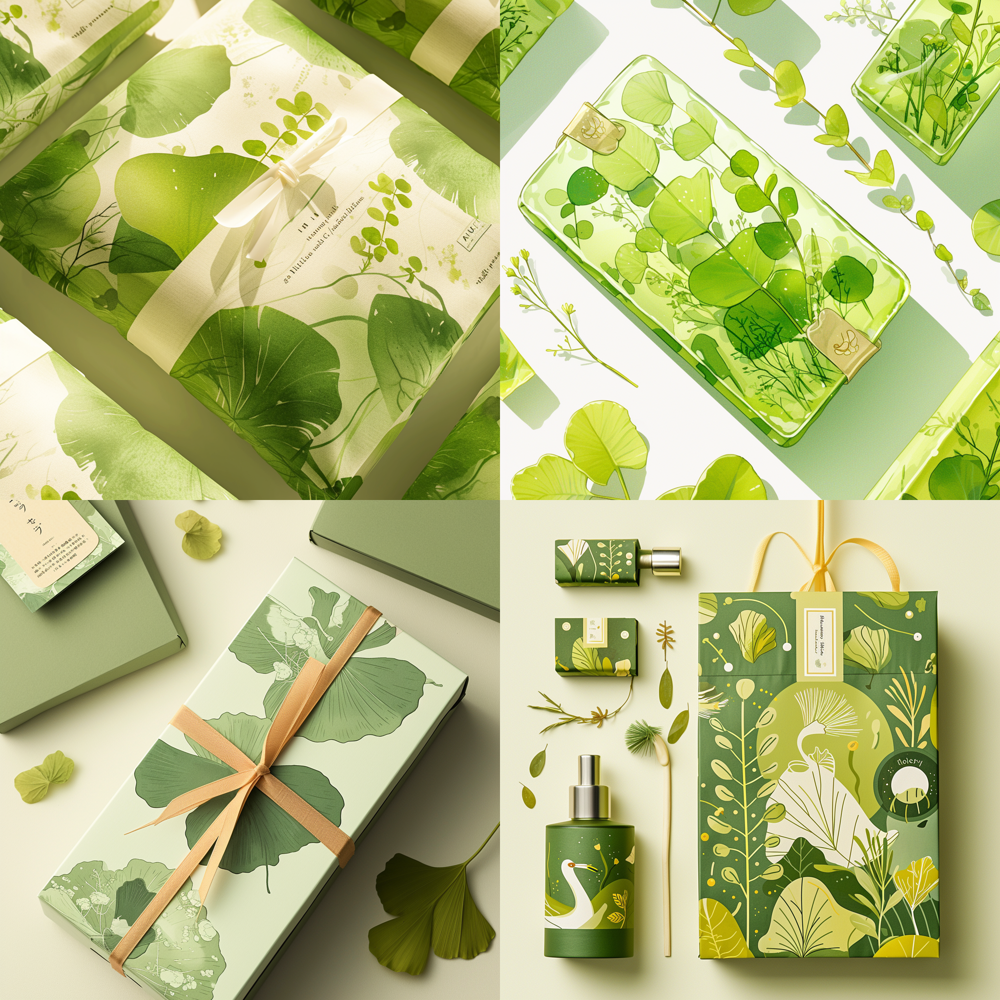 银杏树包装袋，清新自然风，户外拍摄，细节特写，绿色植物，自然光，中焦镜头，静态，简约设计，明亮色调，轻松愉悦。