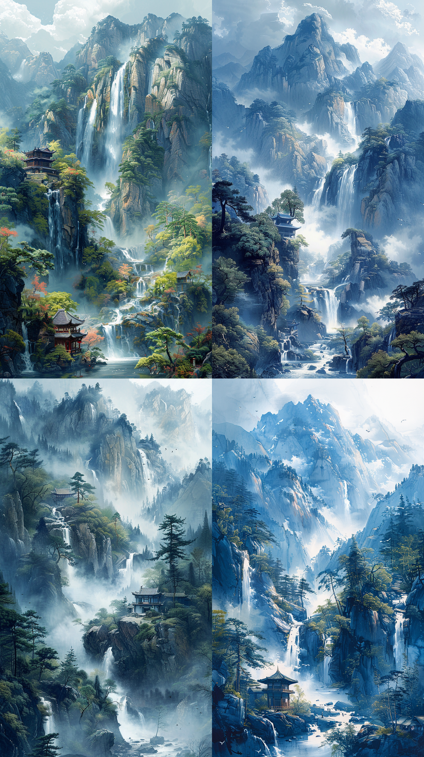 chinese ink painting, there are continuous mountains, waterfalls flowing down from the top of the mountain, there are trees on the top of the mountain, there is a stream at the foot of the mountain, far away small hut, navy blue, dark green, germanium, the whole picture composition is reasonable, the white space is just right, the color transition is perfect, the scene is magnificent,clean picture, zhang daqian style,