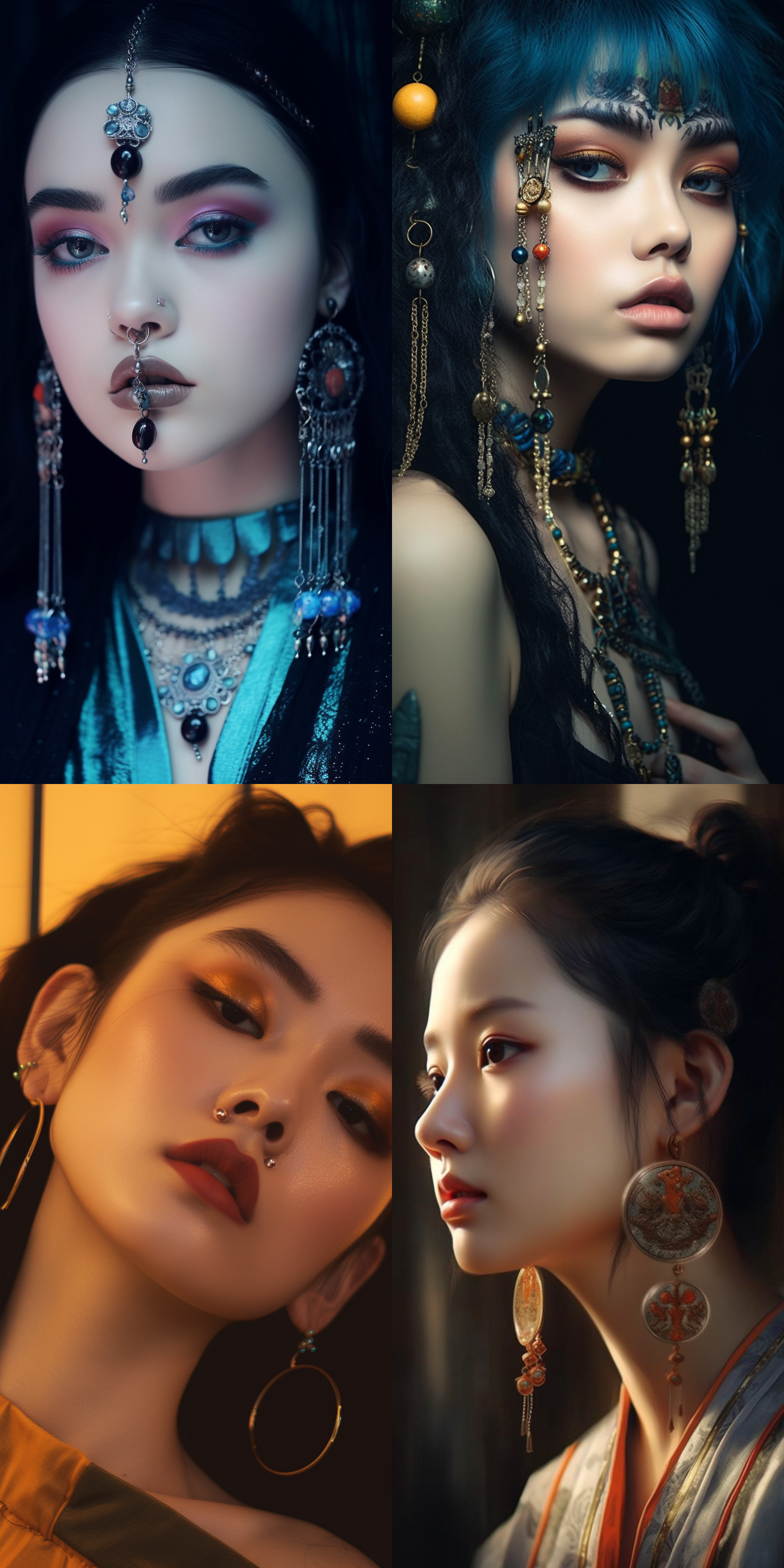 1个中国女孩，珠宝，耳环，肖像，睫毛，闭着的眼睛，斑点的阳光，闭着嘴，化妆，嘴唇，眼影