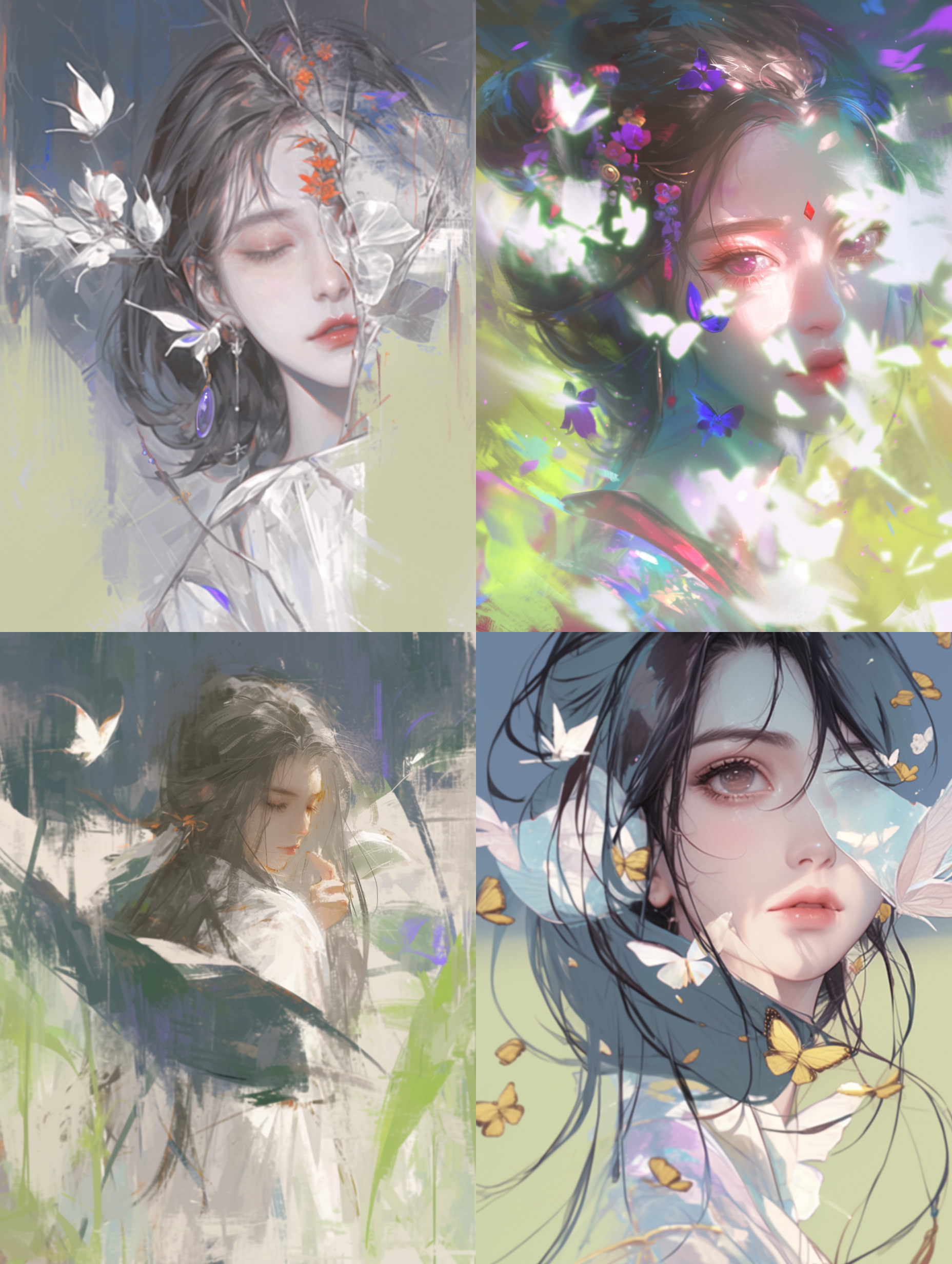 庄生晓梦迷蝴蝶，风景画，远景，人物与风景对比强烈，梦境，朦胧的，孤单的，忧愁的，恬静的，释然的，微风拂面的意境，构图简洁，高分辨率，细节精致，海报。 远景，对比强烈，朦胧，孤单，忧愁，恬静，释然，微风，简洁构图，高分辨率，细节，海报风格。