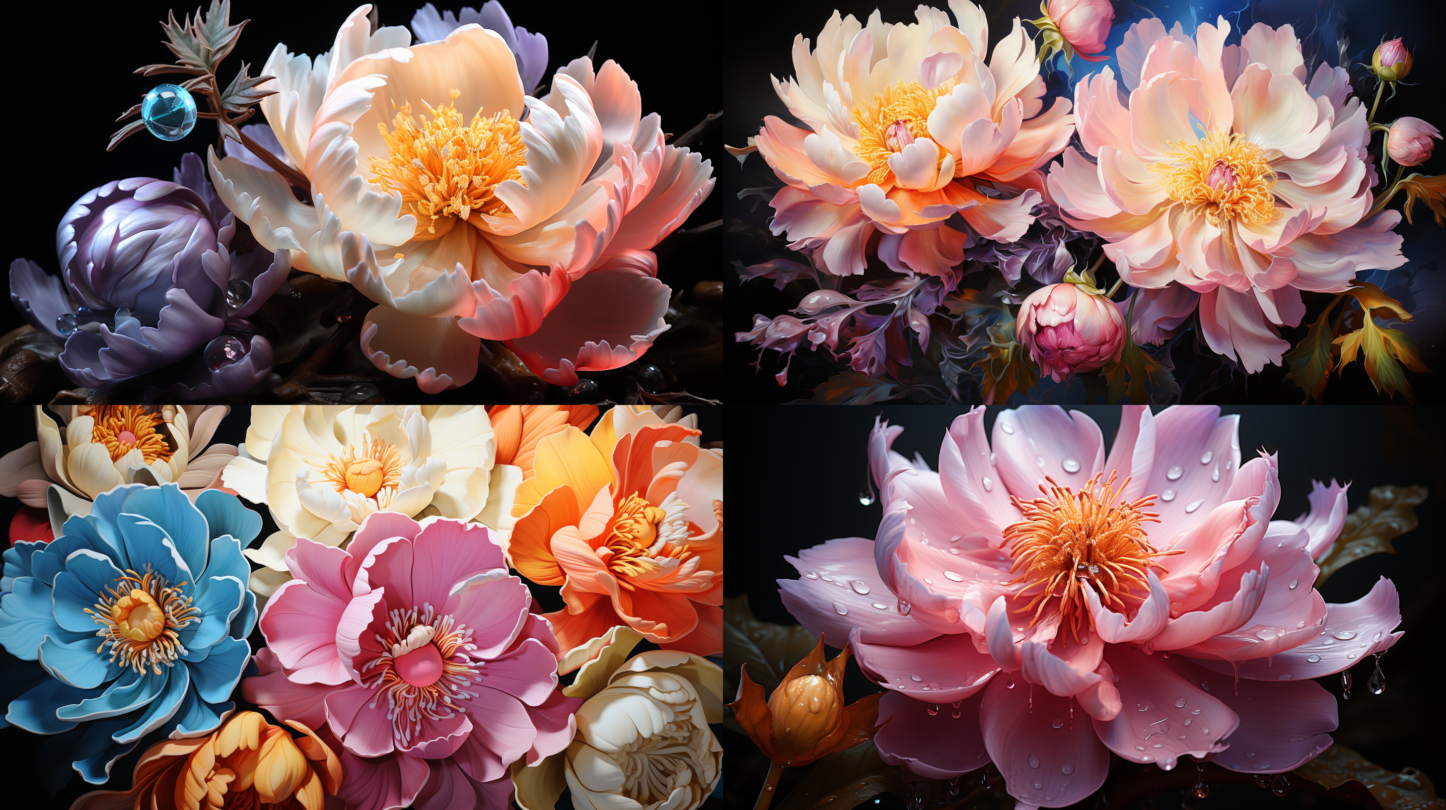 牡丹盛放，庭院繁花，华丽舞台，唯美景象，长焦镜头，柔和侧光，细致细节，鲜艳色彩，优雅风采，永恒荣耀，深情神韵。