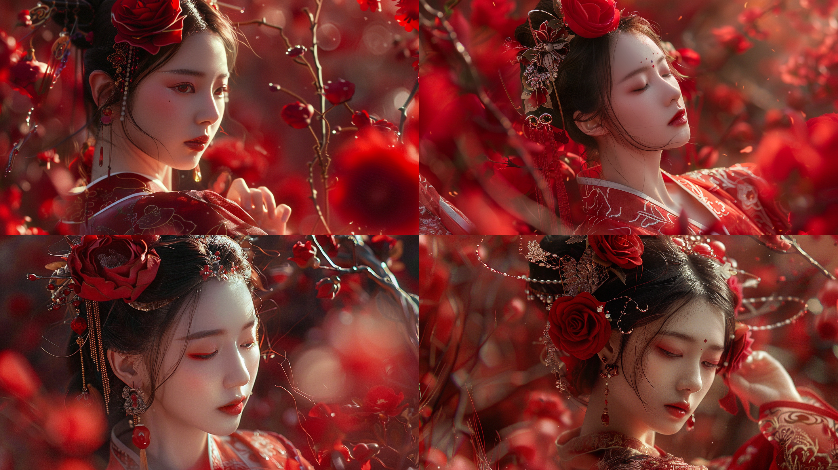 汉服女子，头戴深红色月季，手持手举牌，唯美，自然光，丁达尔现象，深红色背景，中远景